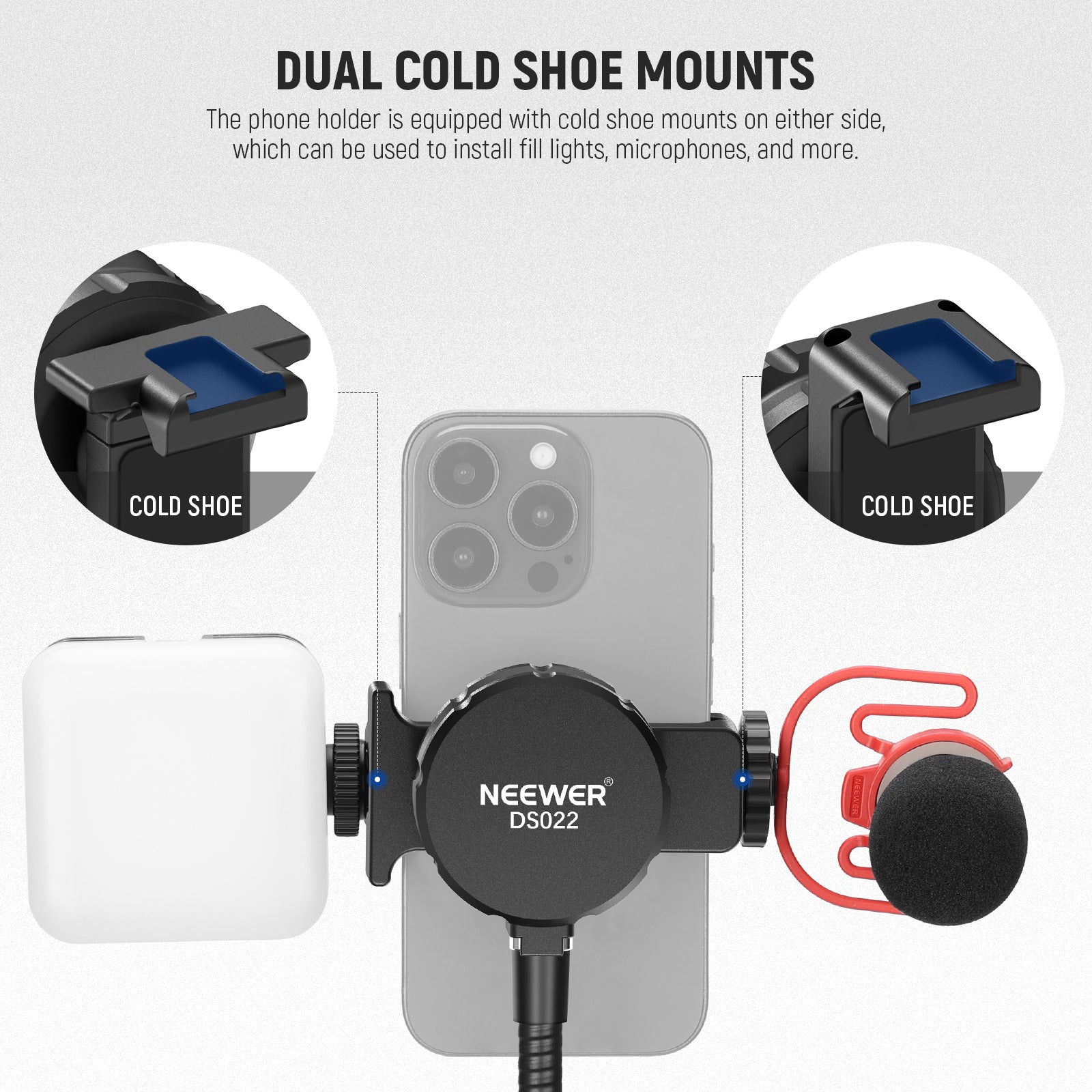 the phone clamp of the overhead tabletop tripod is equipped with a cold shoe mount on each side