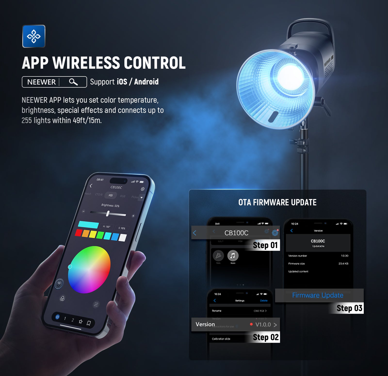NEEWER CB100C RGB Video Light can be controlled by the APP