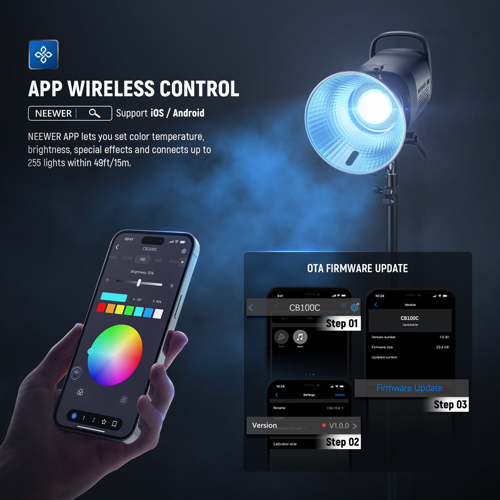 NEEWER CB100C RGB Video Light can be controlled by the APP