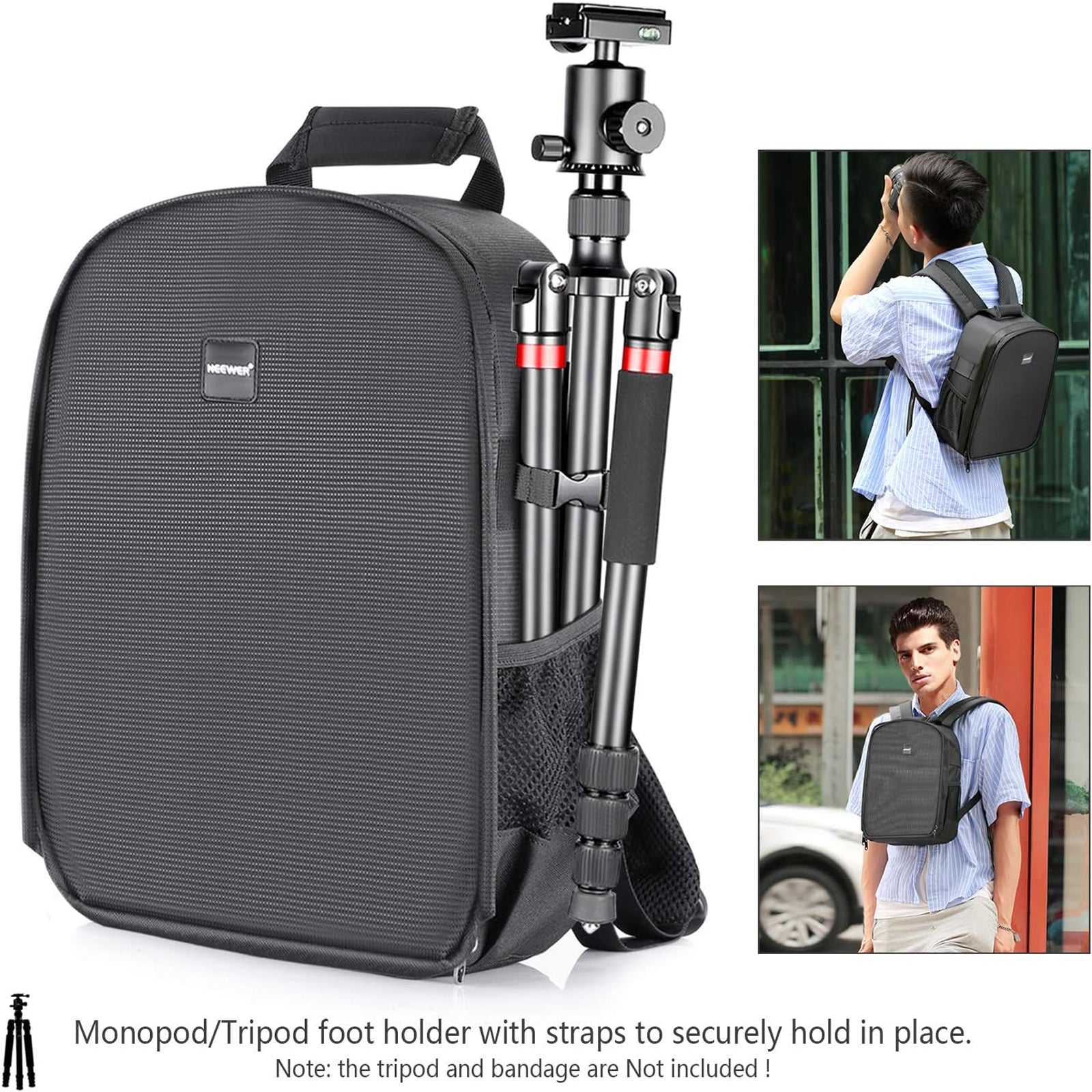 NEEWER SLR Camera Backpack features a tripod foot holder with straps.