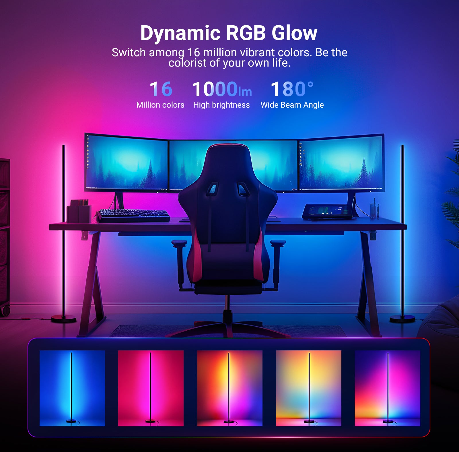 The 54" LED neon standing corner light offers 16 million colors from cozy to dynamic ambient effects with AI lighting creation.