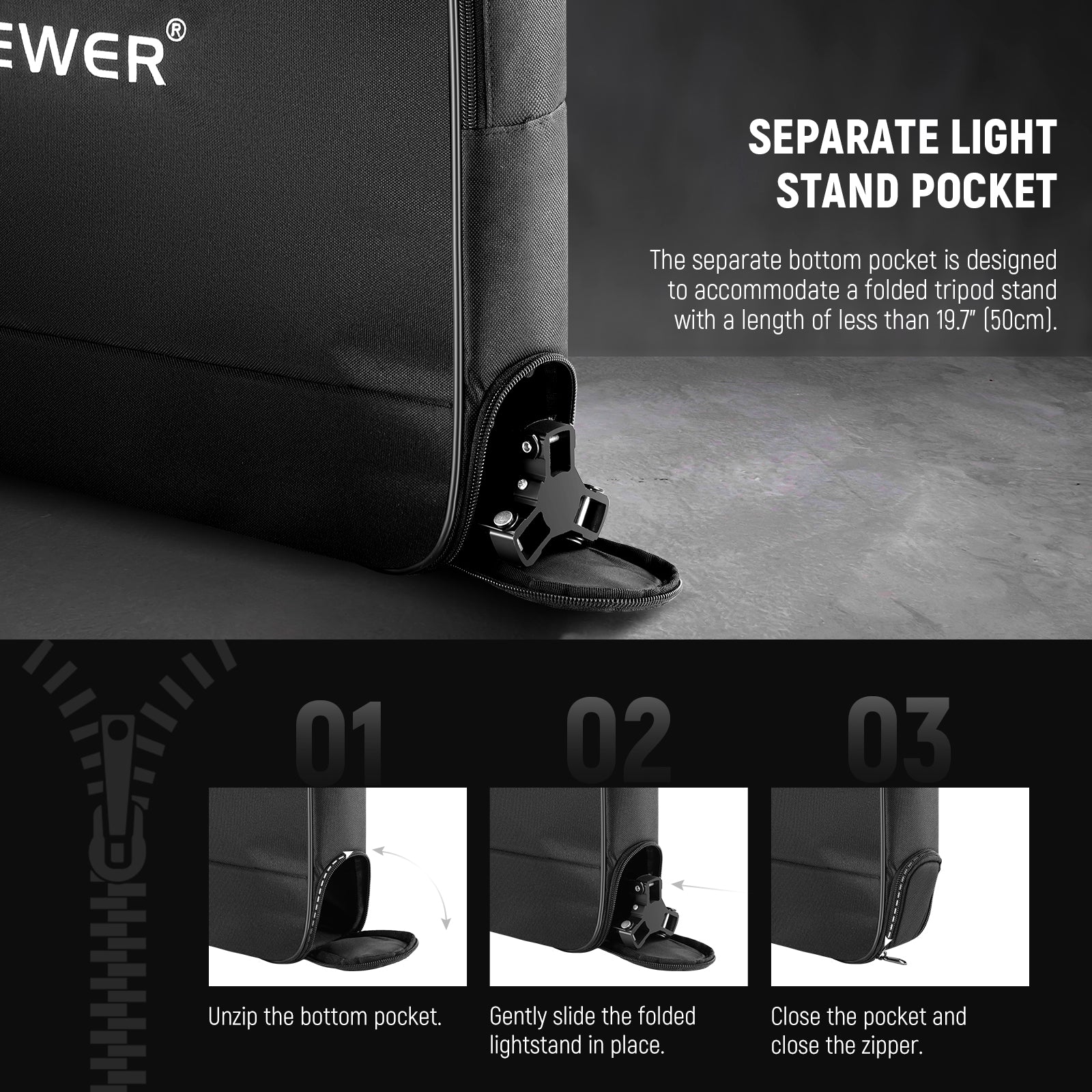 NEEWER RU-011 12" Comprehensive Ring Light Bag features a separate bottom pocket to accommodate a folded tripod stand.