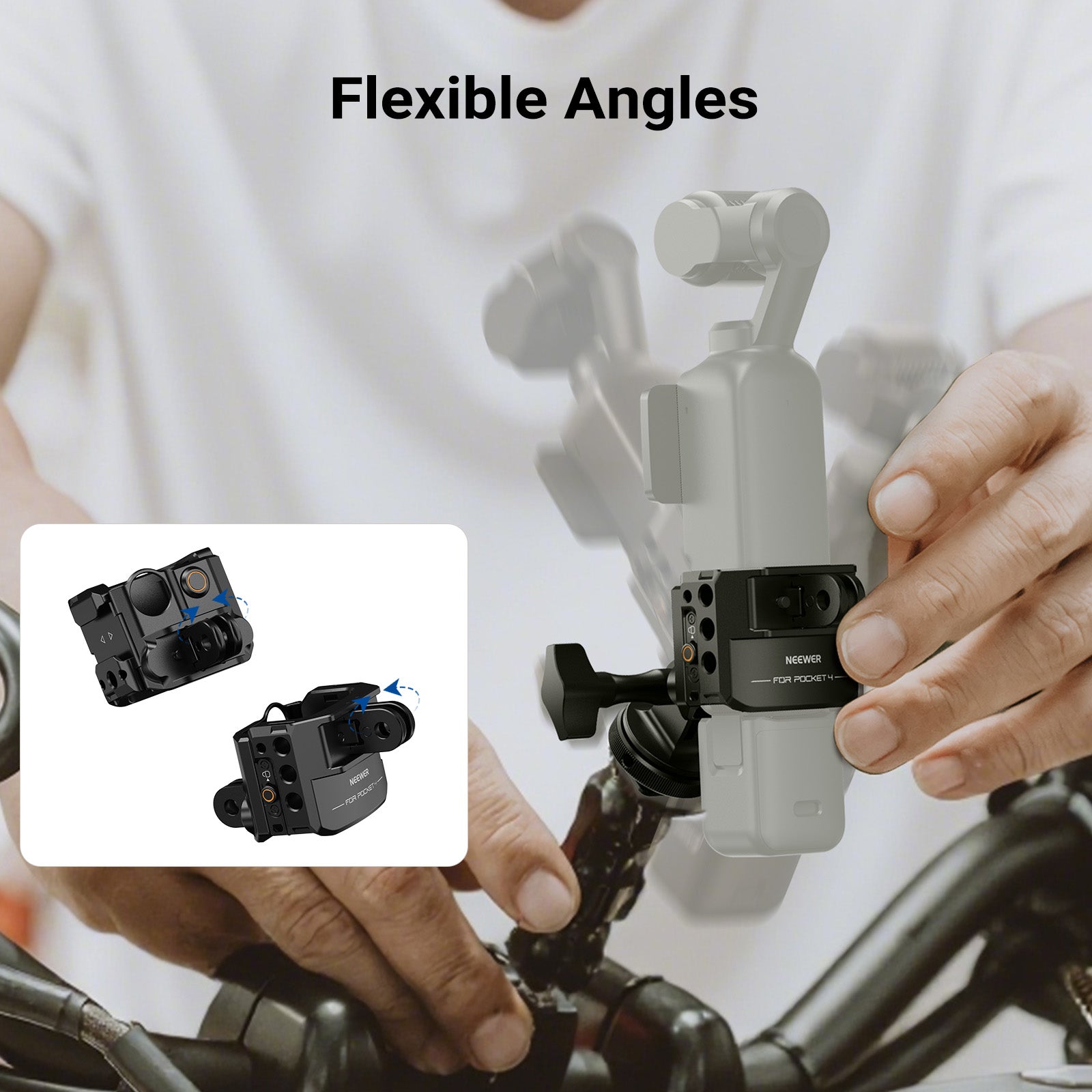 A person adjusting a NEEWER expansion cage mounted on a DJI Osmo Pocket 4, attached to a bicycle handlebar mount.