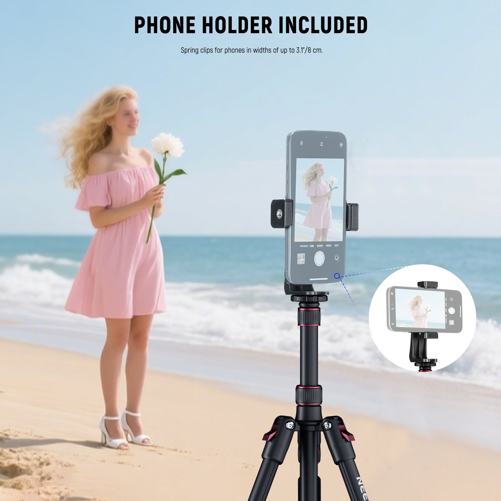 This tripod kit includes a phone holder.