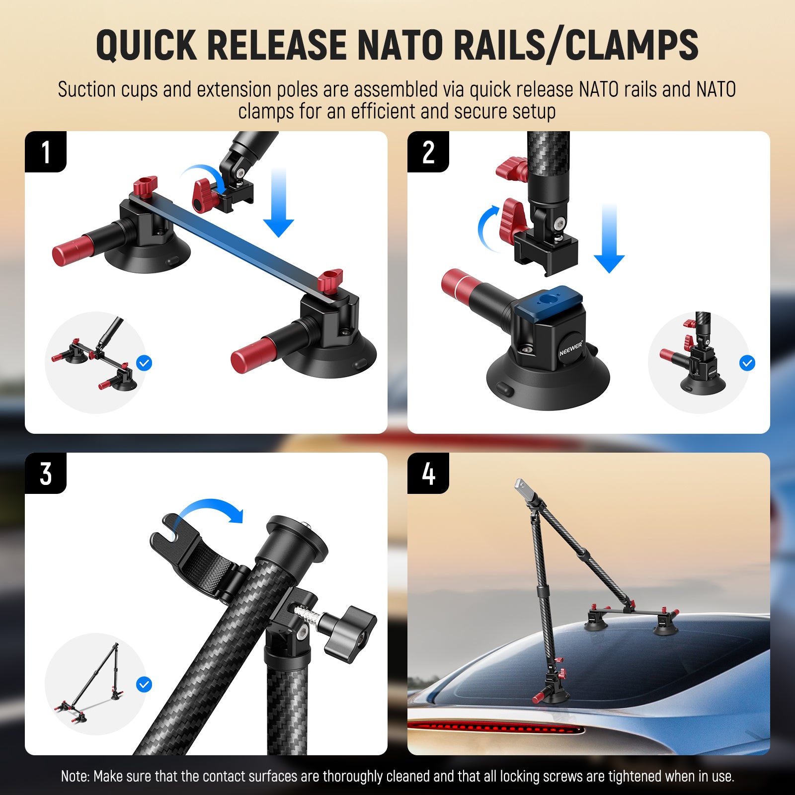 Suction cups and extension poles are assembled via quick release NATO rails and NATO clamps