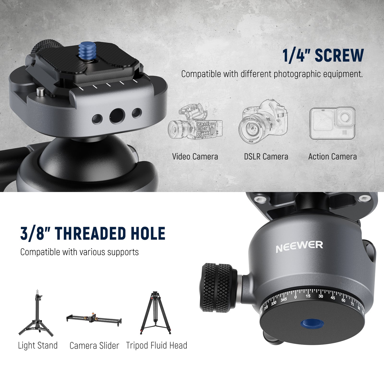 NEEWER GM41 Low Profile Tripod Ball Head features multiple mounting threads.