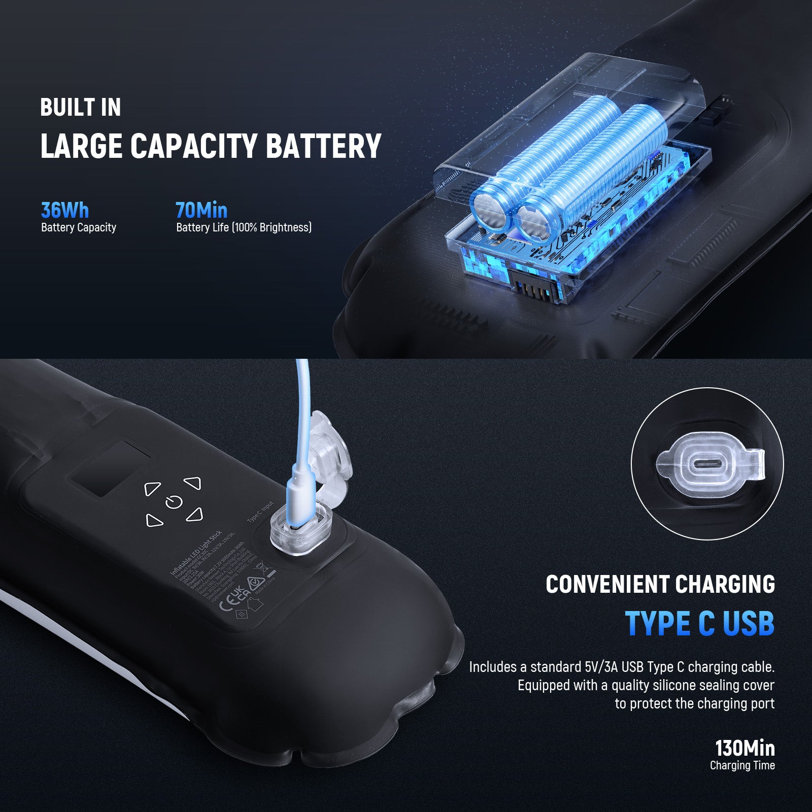 The LED fill light has a built in 7.2V 5000mAh 36Wh battery