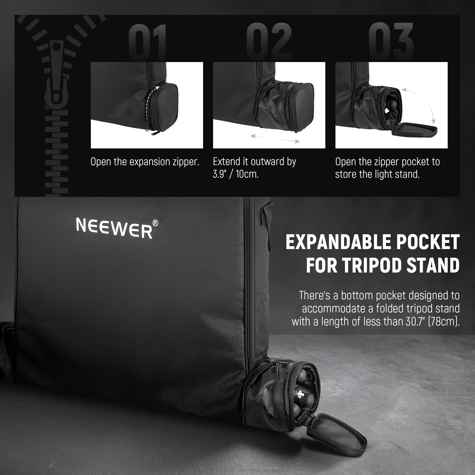 NEEWER RU-009 Ring Light Carrying Bag features an expandable pocket for a tripod stand.