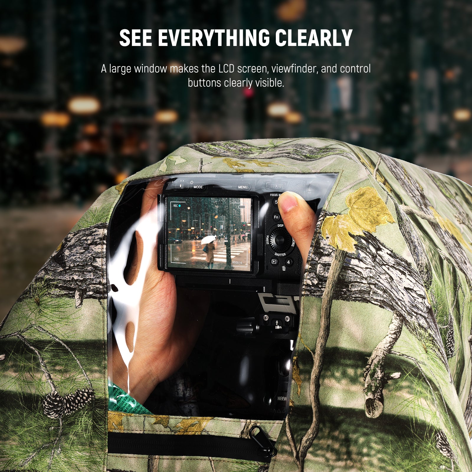 NEEWER Dual Sided Camouflage Camera Rain Cover features a large window.