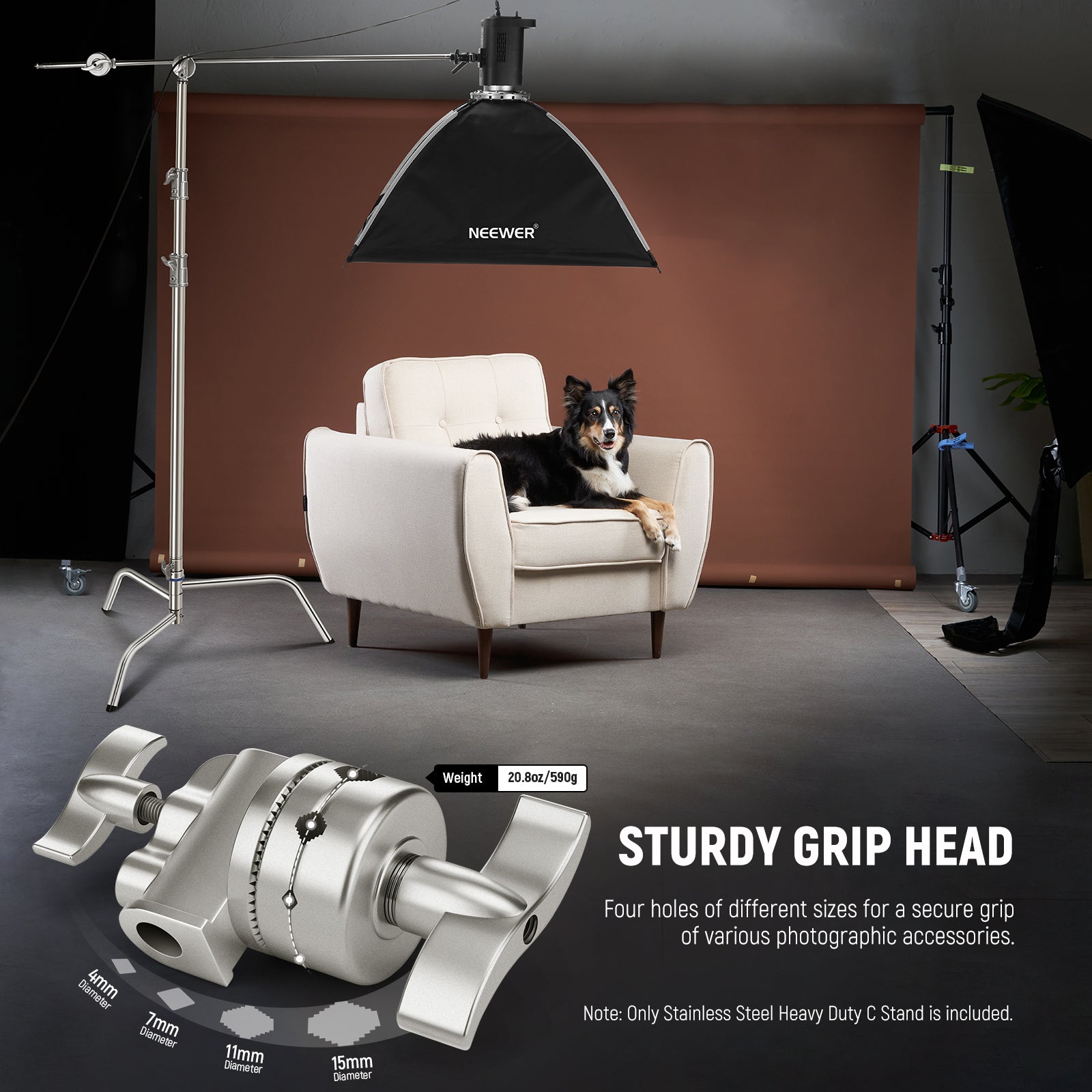 NEEWER SC320Q 320cm Heavy Duty C Stand has a sturdy grip head.