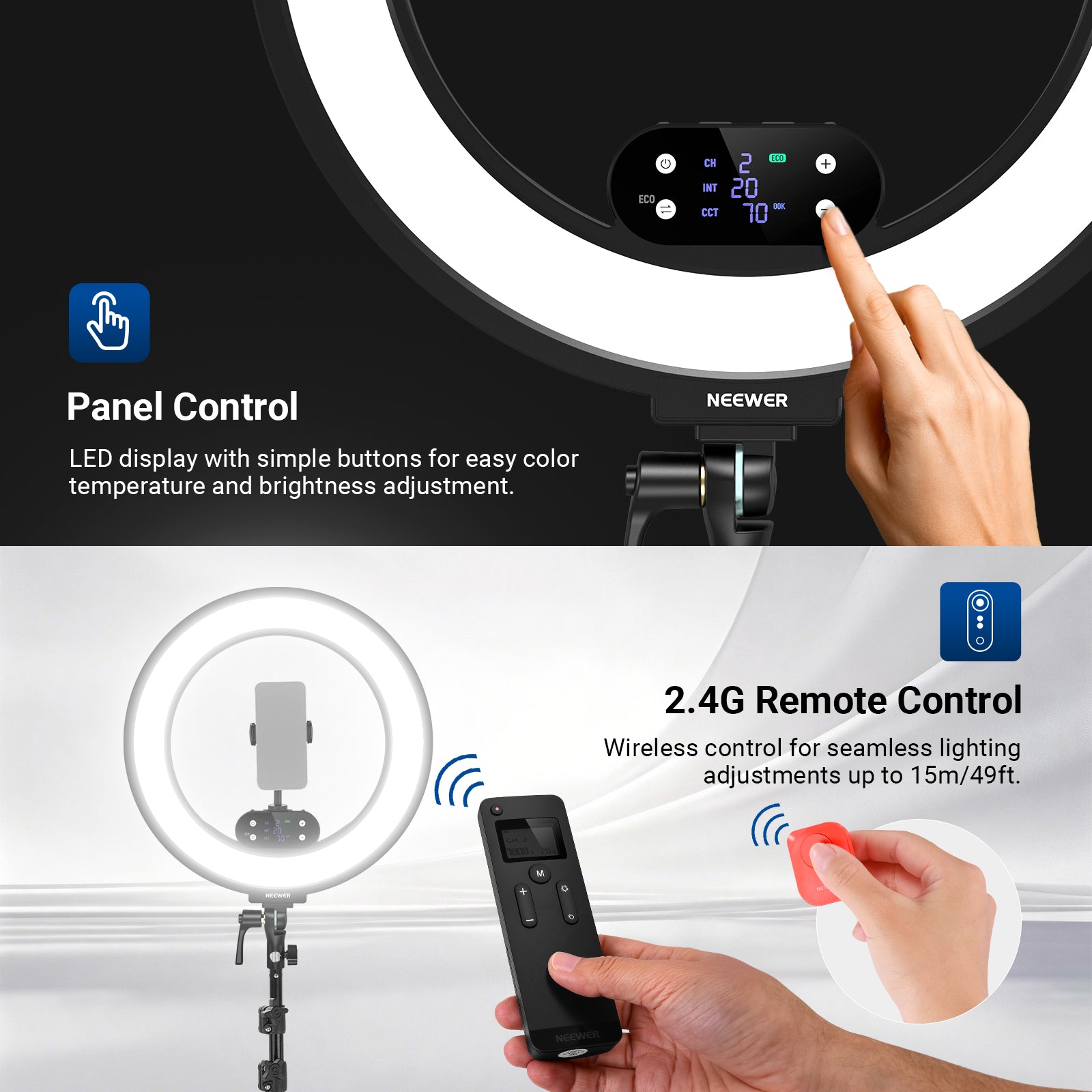 NEEWER RB18B cordless ring light supports panel control and 2.4G remote control.