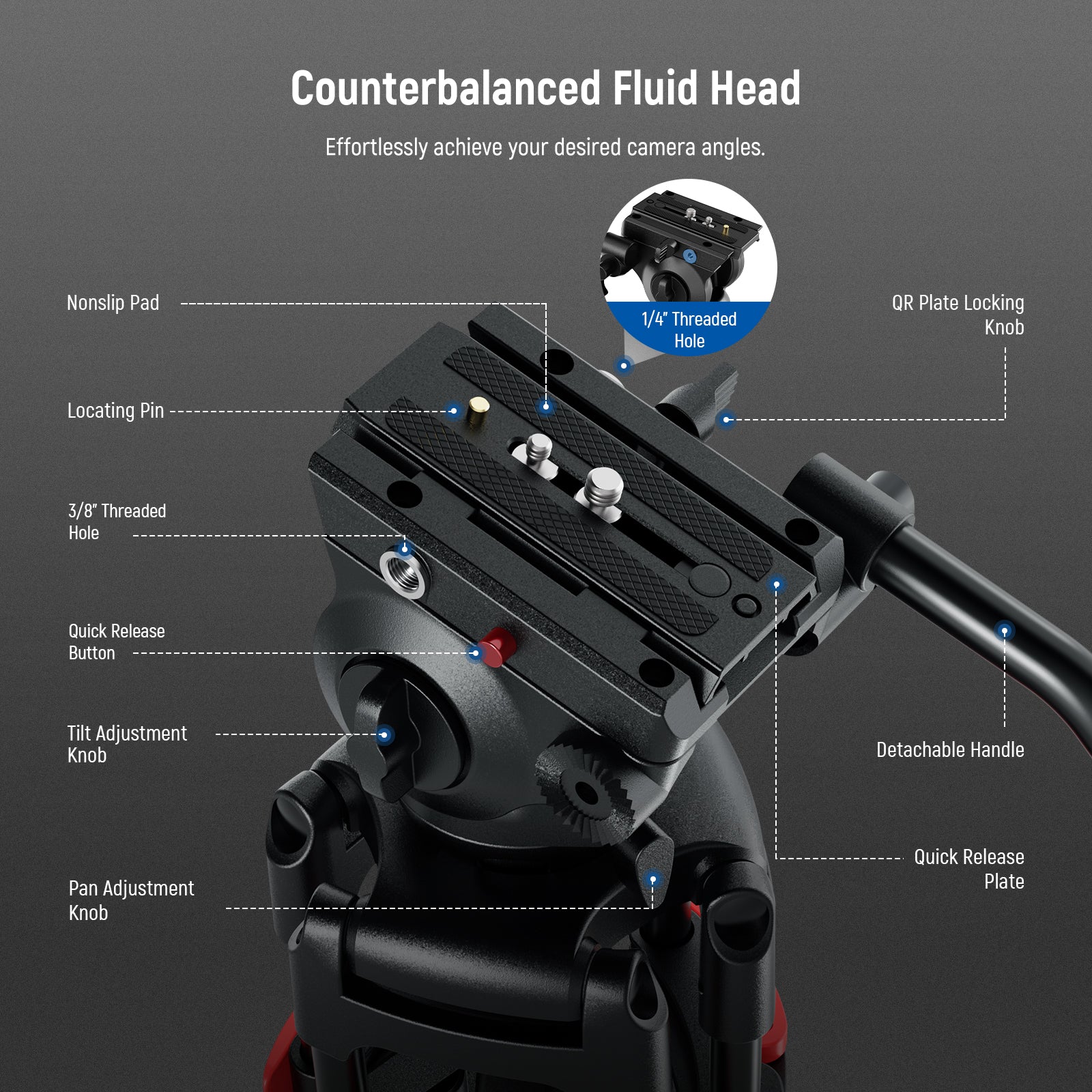 NEEWER TP37 Video Tripod for Camera features a counterbalanced fluid head.