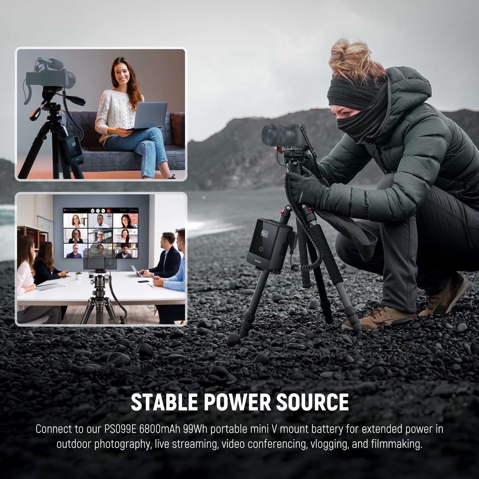 Connect to PS099E mini V mount battery for extended power in outdoor photography