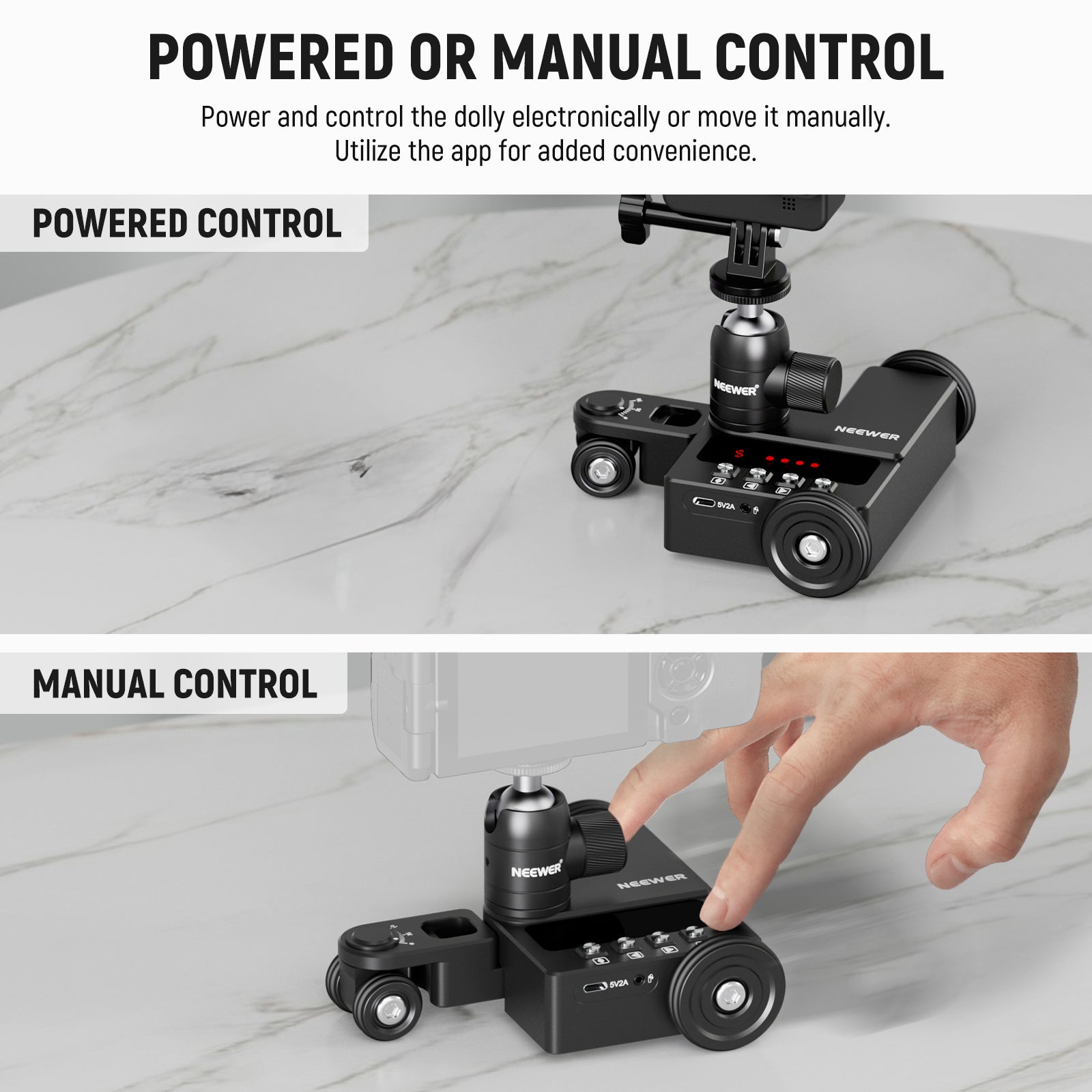 Power and control the NEEWER Upgraded DL200 Motorized Camera Dolly electronically or move it manually.