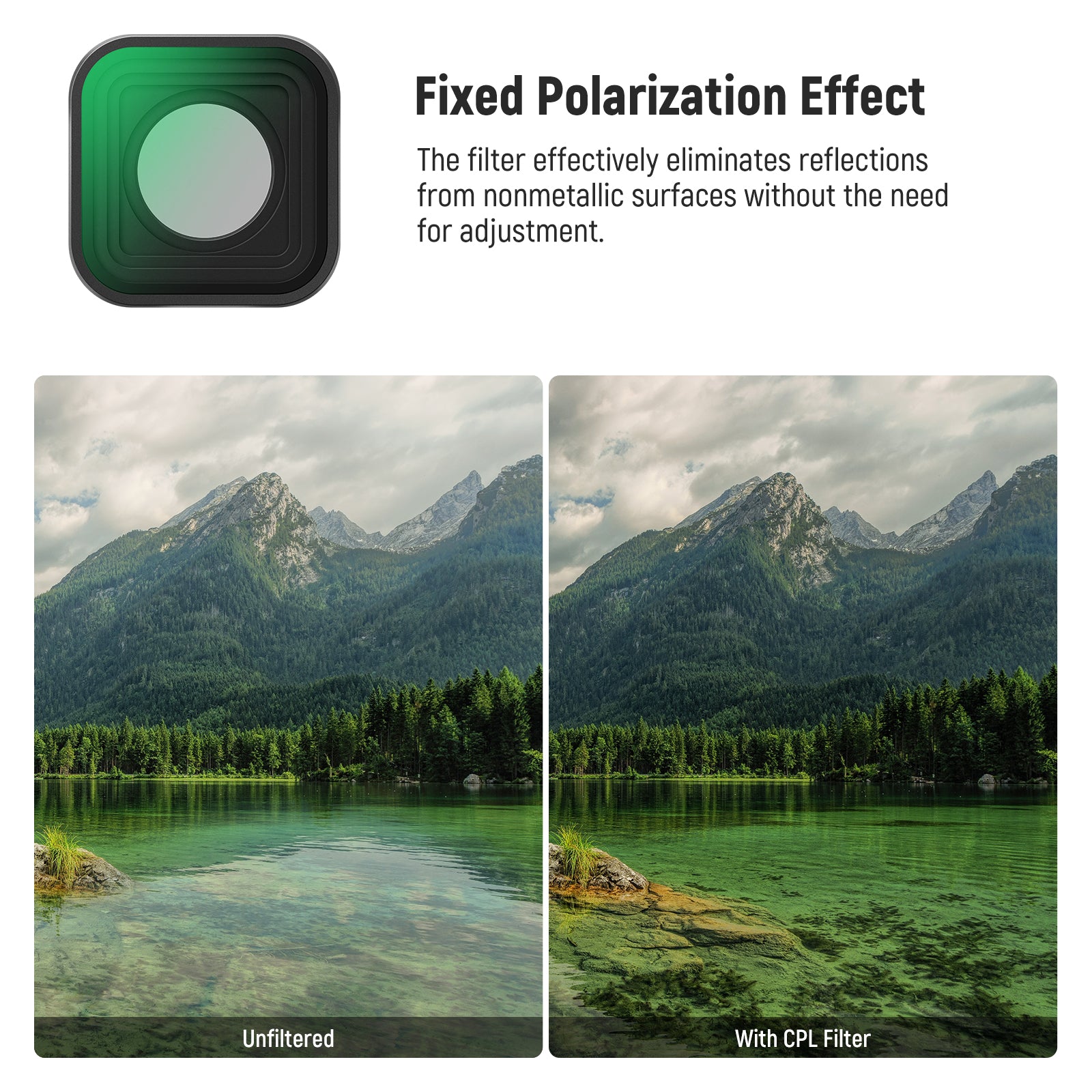 The CPL (circular polarizer) filter minimizes reflection on nonmetallic surfaces