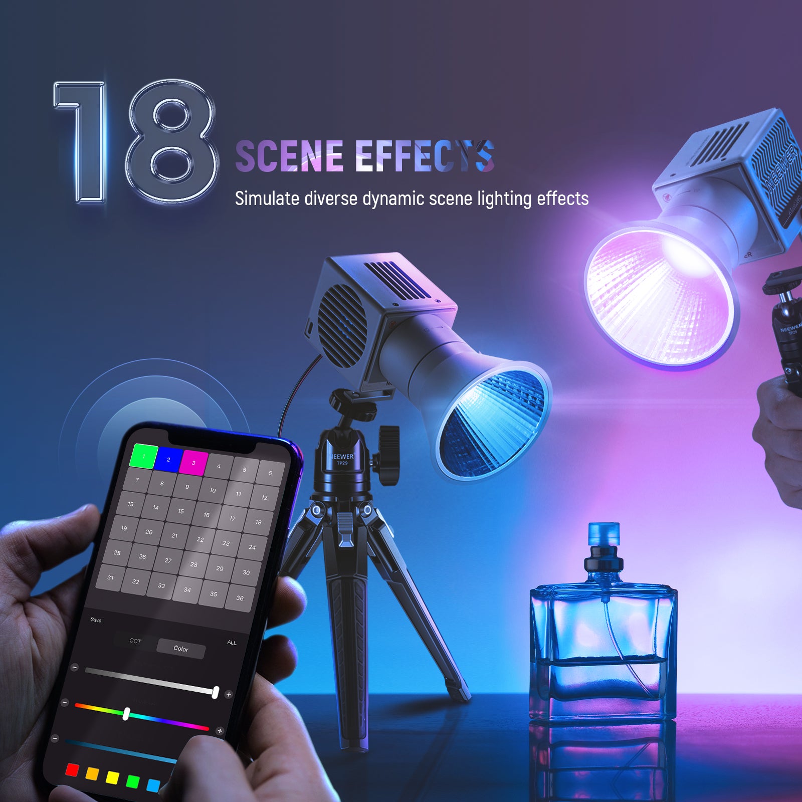NEEWER HS60C Pro Handheld COB Video Light offers 18 scene effects.