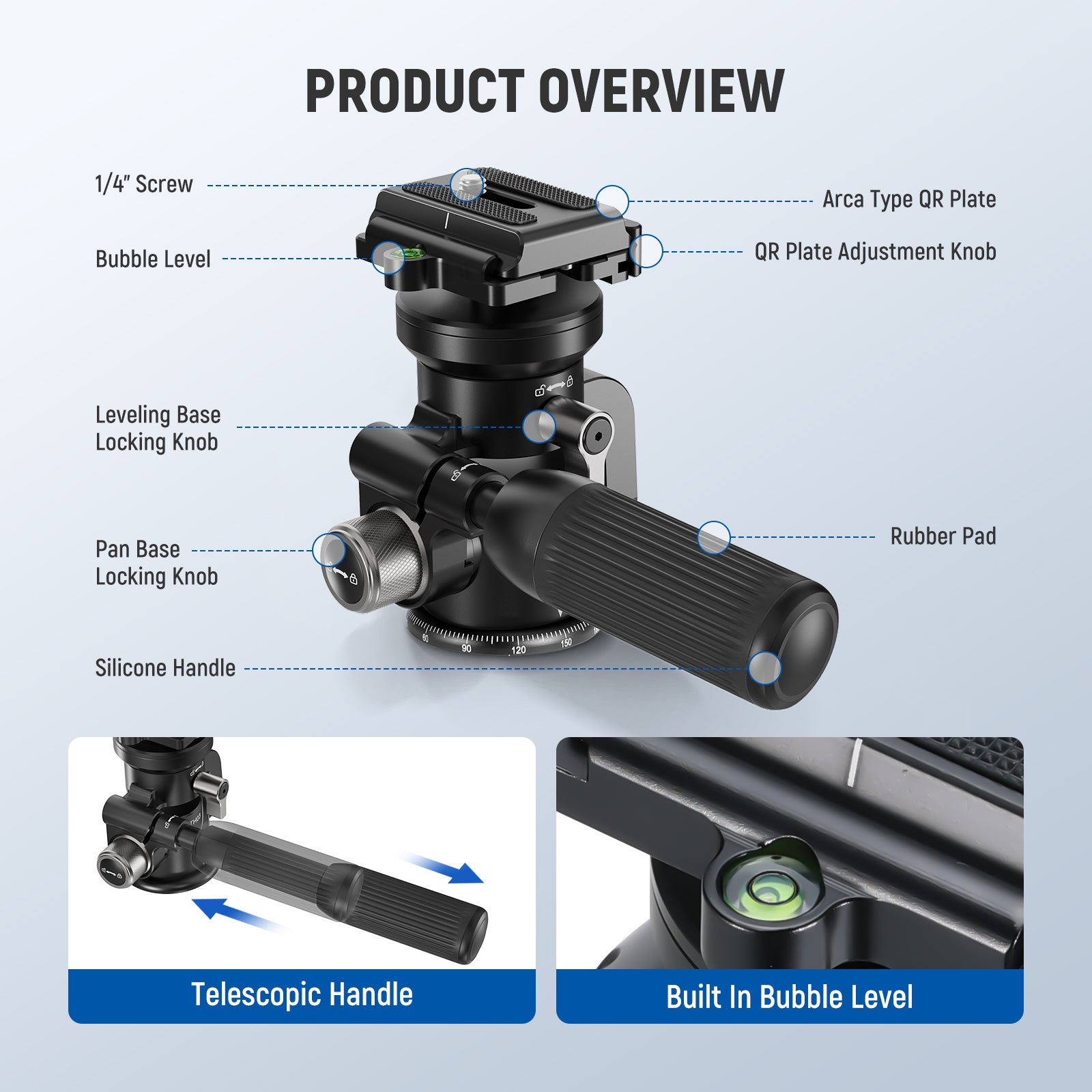 Product overview of the NEEWER TH03 Video Camera Tripod Pan Tilt Head