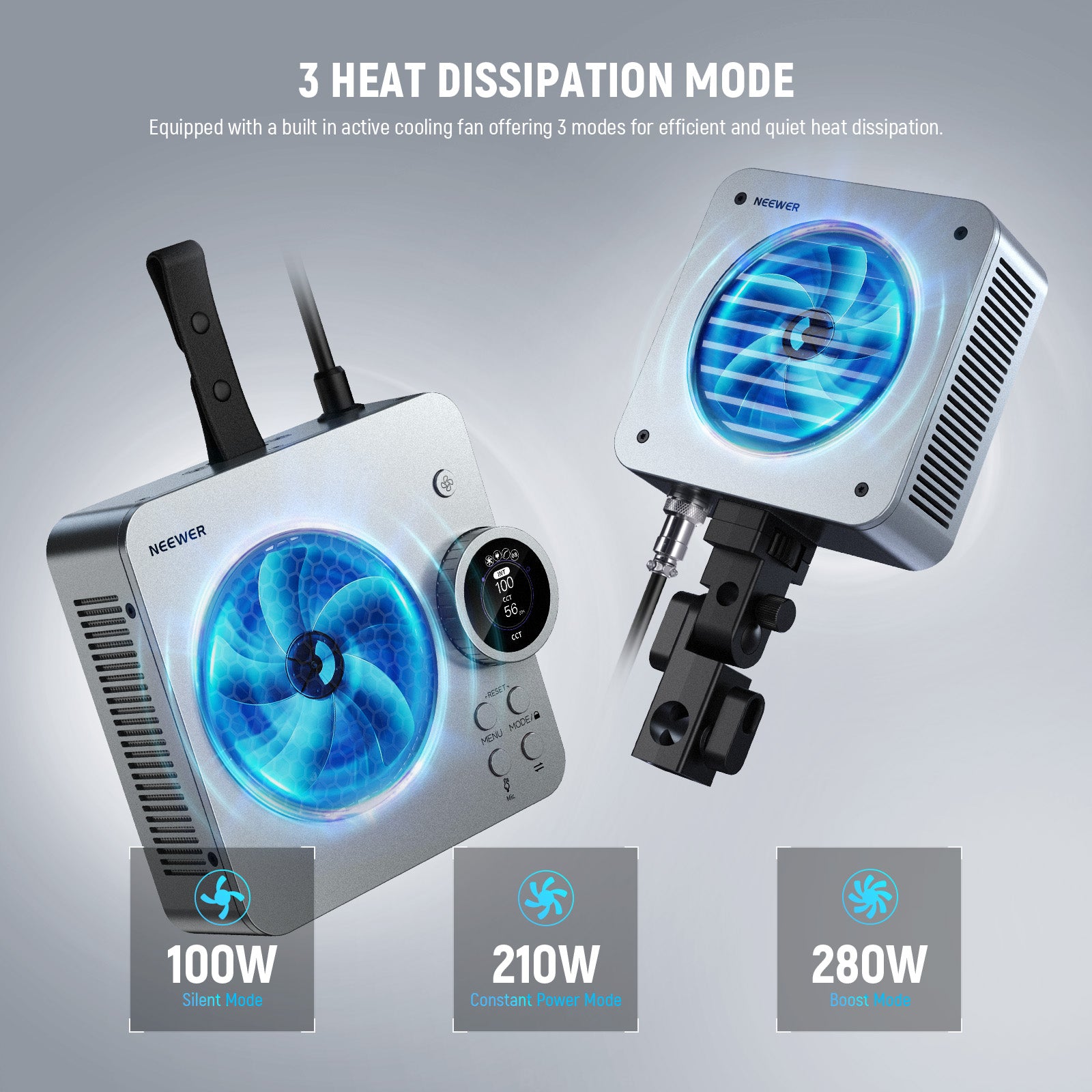 NEEWER HS200B Bi-Color LED Studio Light features a cooling fan.