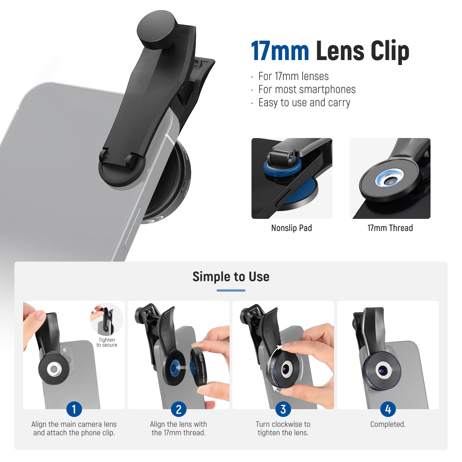 The kit includes a phone camera lens clip