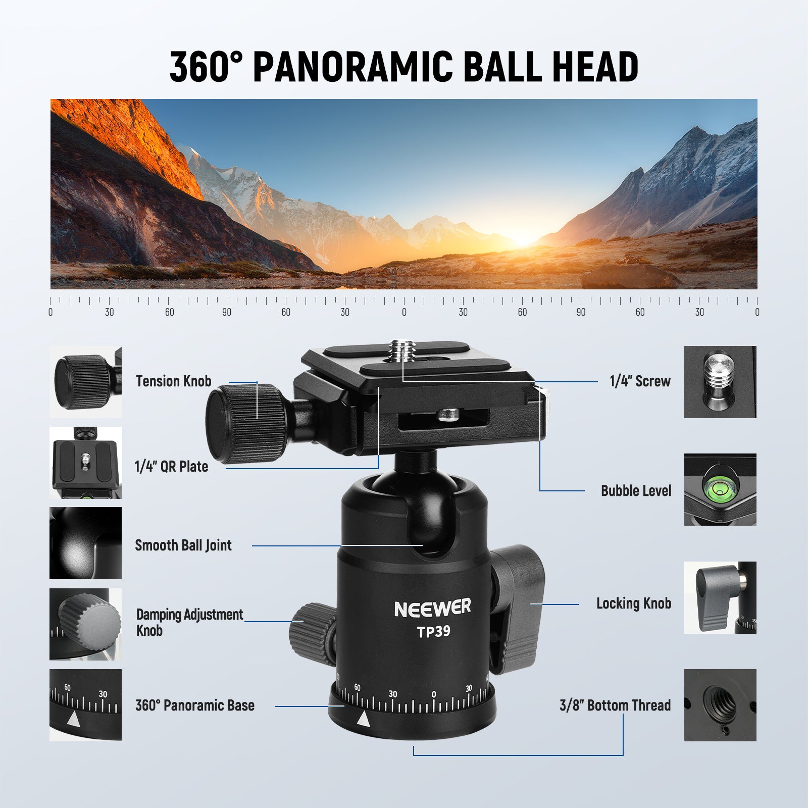 The tall heavy duty tripod for camera adopts a low profile ball head