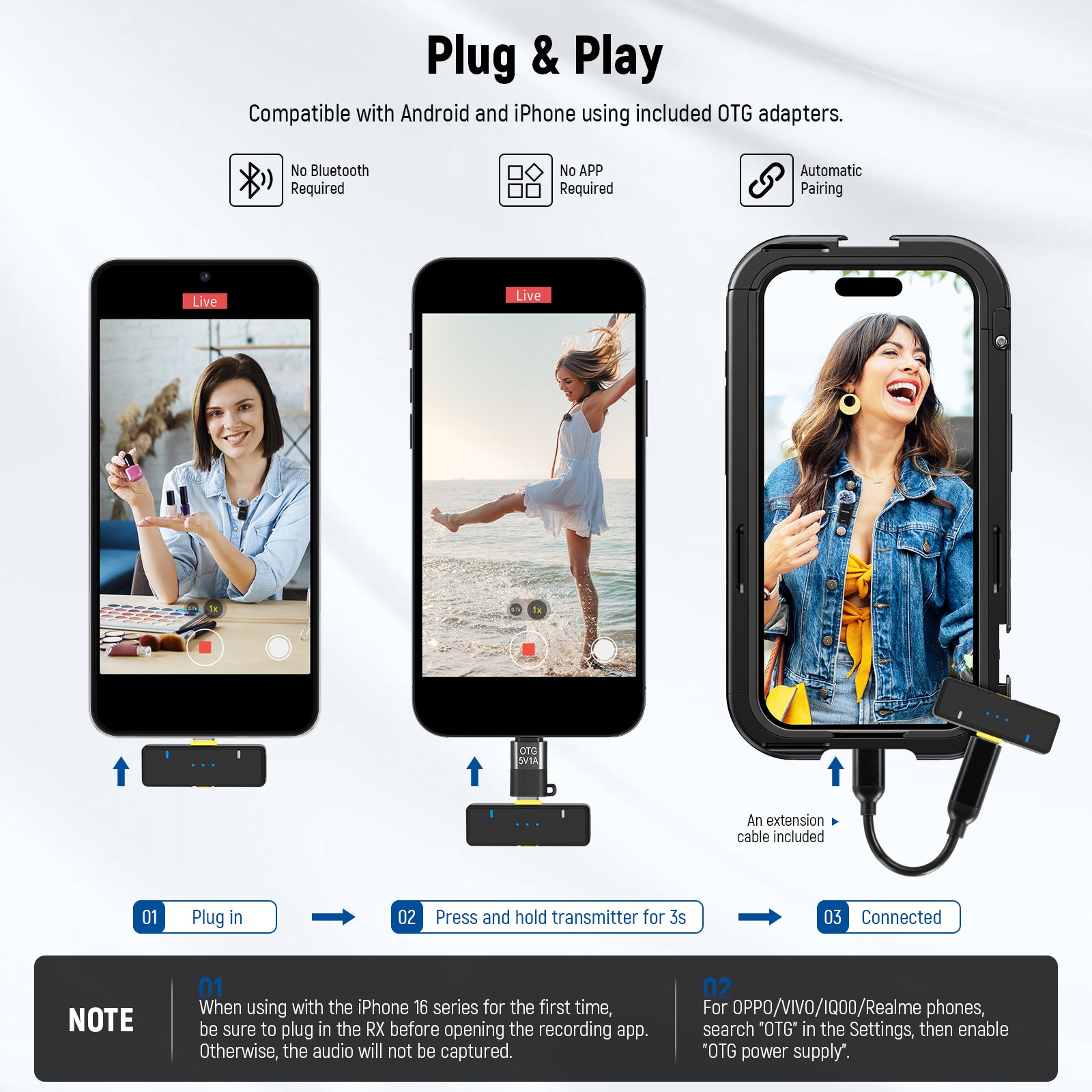 NEEWER KM15 USB C Wireless Lavalier Microphone Set is compatible with Android and iPhone using included OTG adapters.