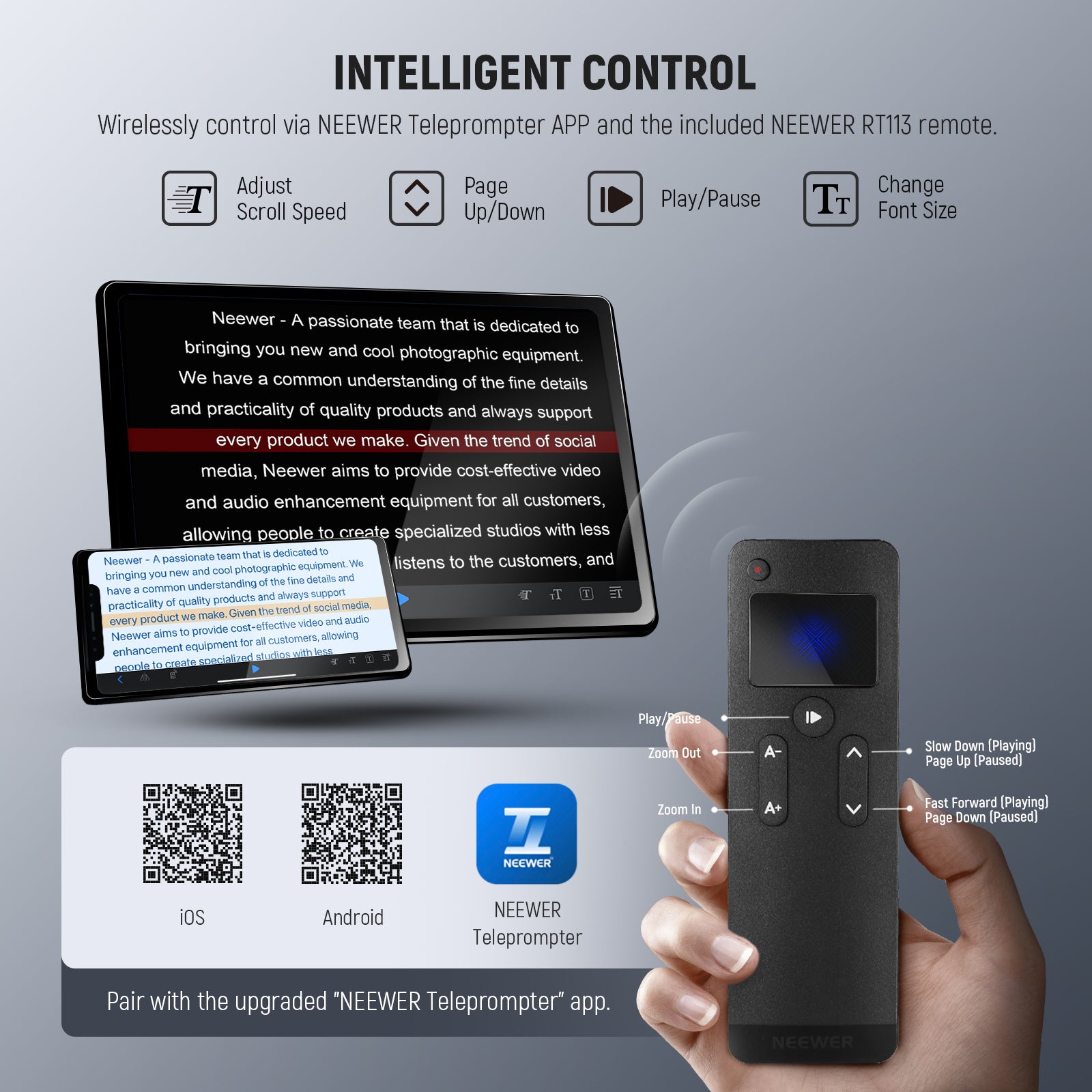NEEWER X1 Pro II Camera Teleprompter can be controlled by the NEEWER APP and the remote.