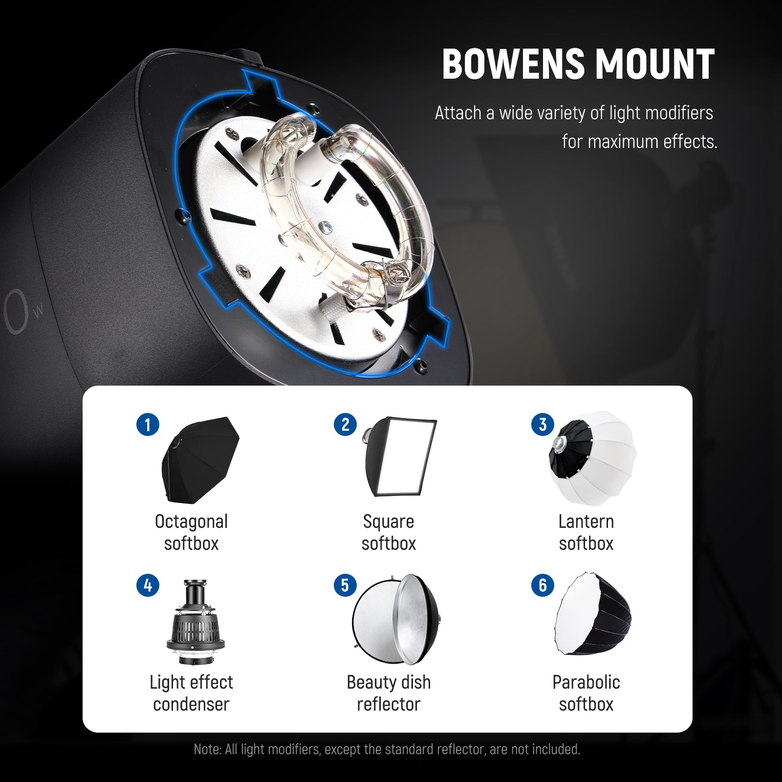 The standard Bowens mount can work with softboxes, photography umbrellas, and other light shapers.