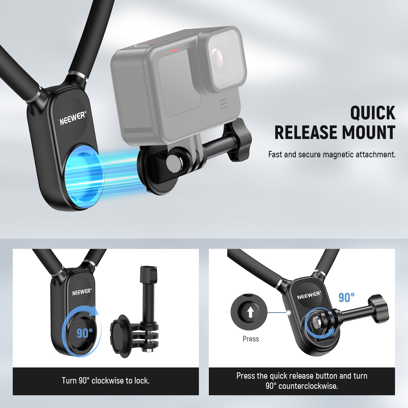 A standard quick release action camera mount can instantly attach to the neck mount using magnets.