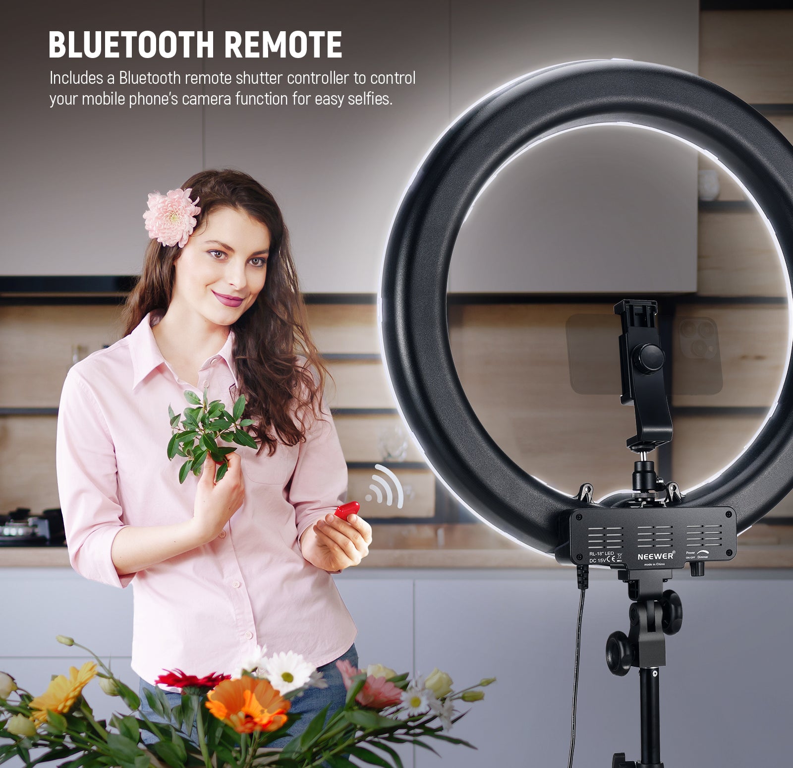 This ring light kit includes an RT107 Bluetooth remote