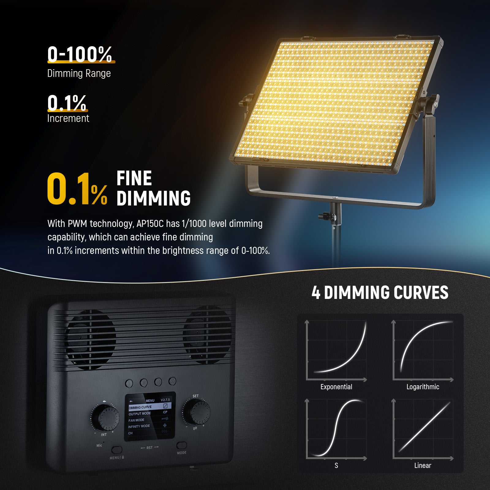 With PWM technology, AP150C RGB LED Panel Video Light has 1/1000 level dimming capability.