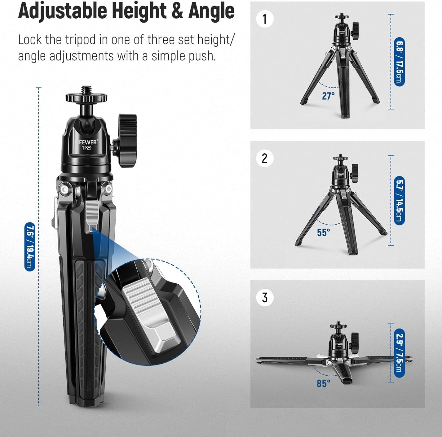 NEEWER TP29 Metal Tabletop Mini Tripod is easily adjusted.