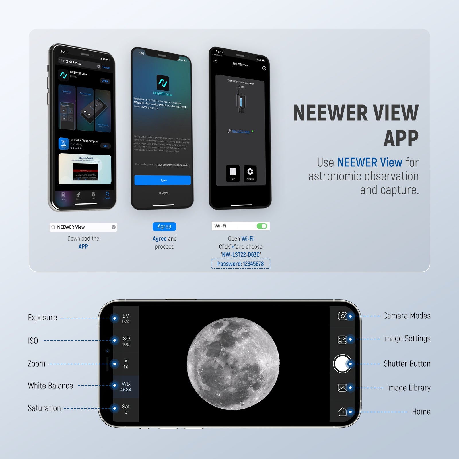 The NEEWER View app allows you to observe astronomy and take photos and videos all on your phone.