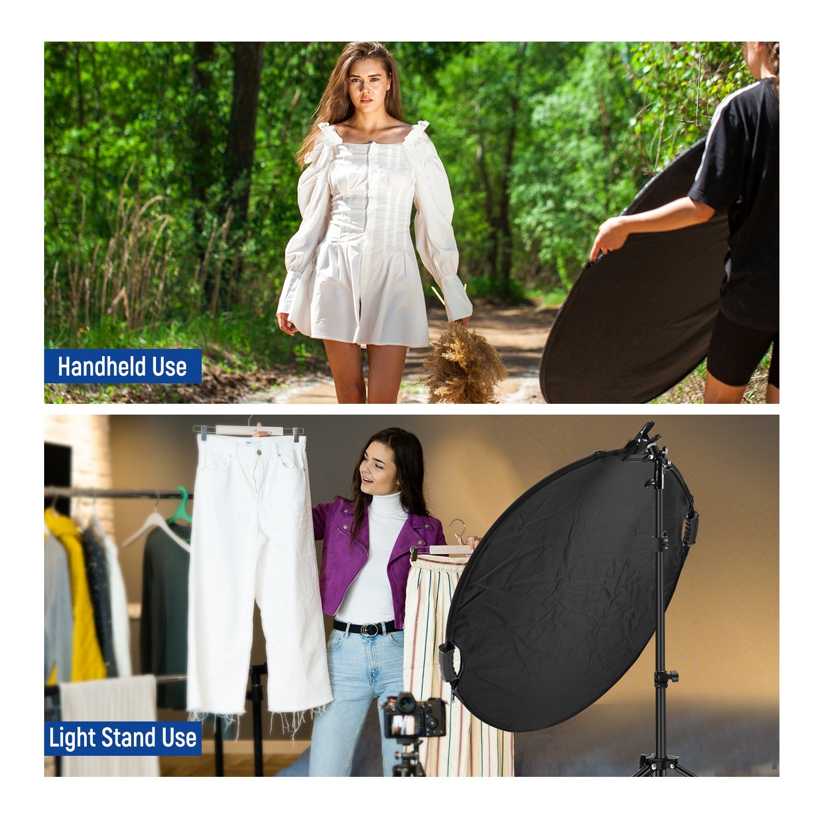 NEEWER SF7575F Collapsible Photography Reflector supports handheld and light stand use.