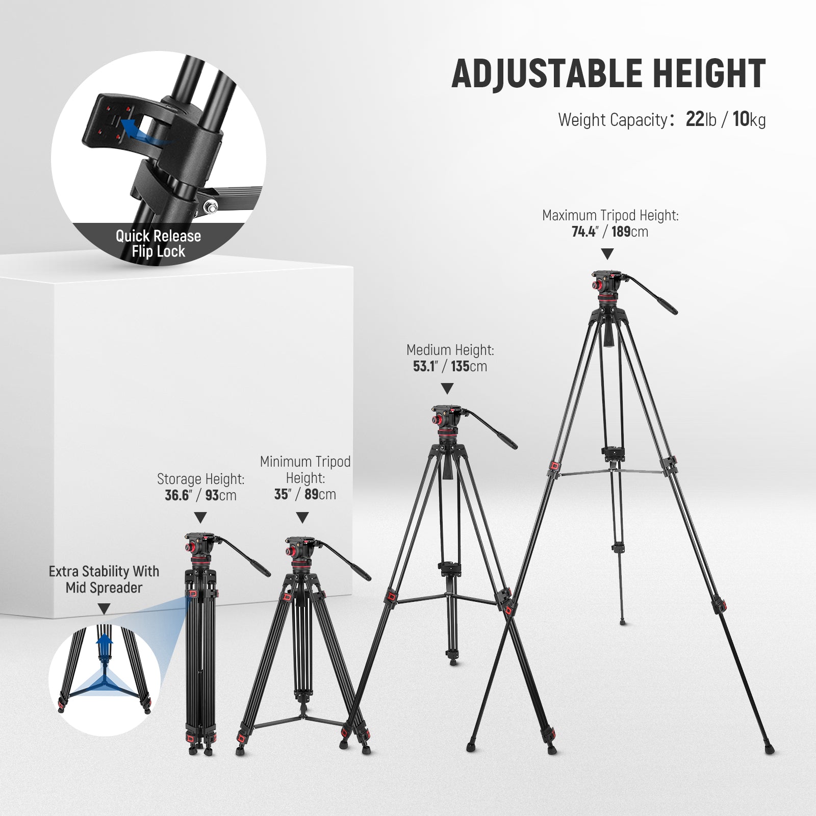 NEEWER TP75 Pro Video Tripod can be easily adjust in height from 35"/89cm to 74"/189cm.