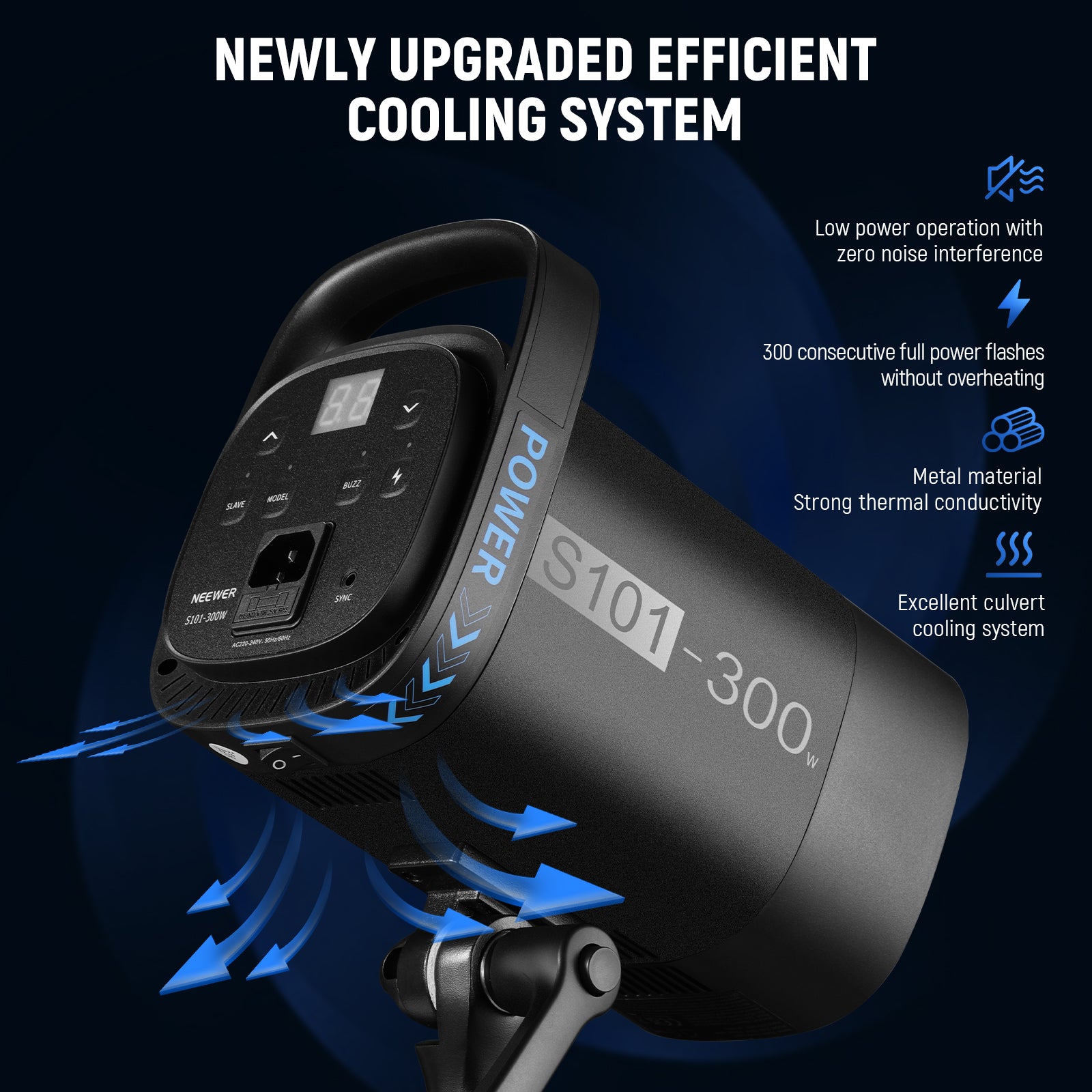 NEEWER S101-300W Monolight features the consistent, efficient, and silent heat dissipation system.