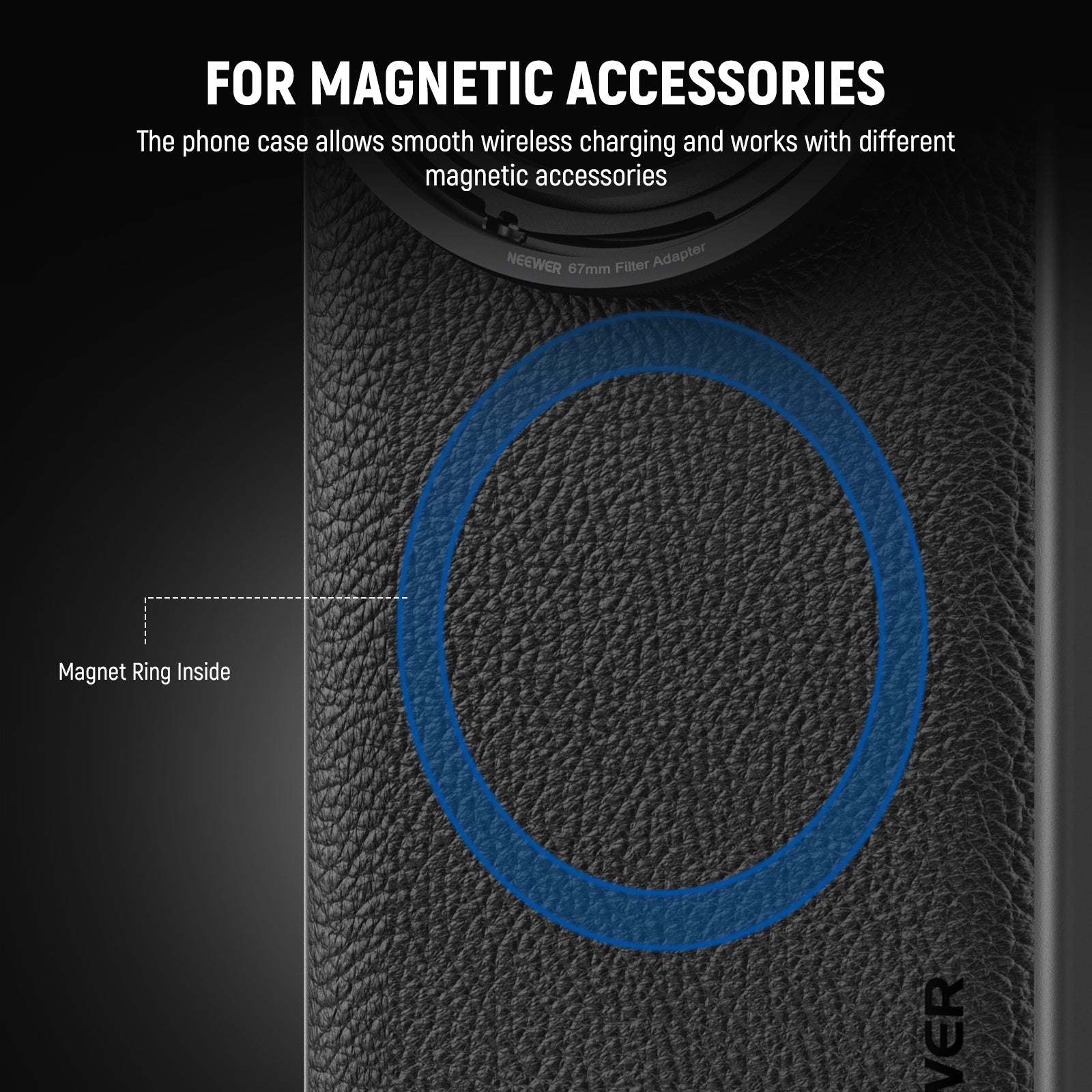 The phone case works with different magnetic accessories.