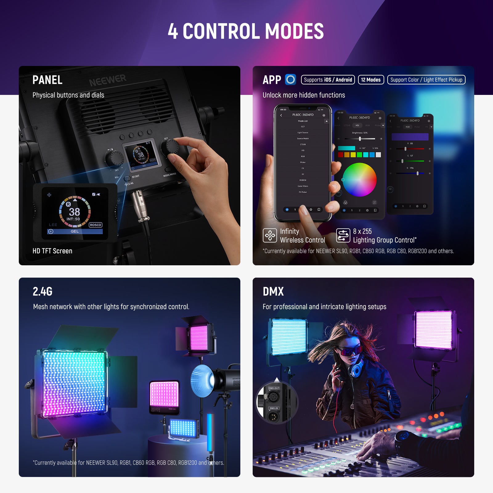 NEEWER PL60C RGB Video Light features 4 control modes.