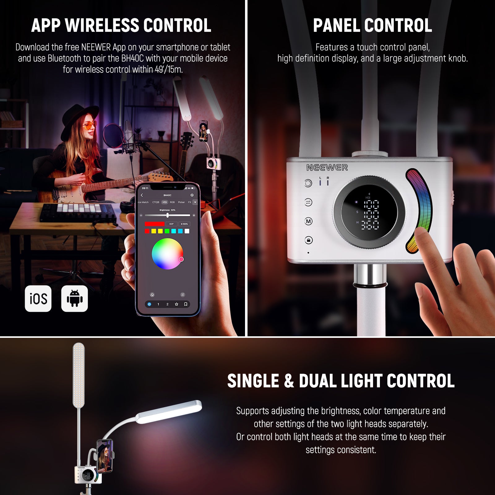 NEEWER BH40C RGB Esthetician Light can be controlled by 3 ways.