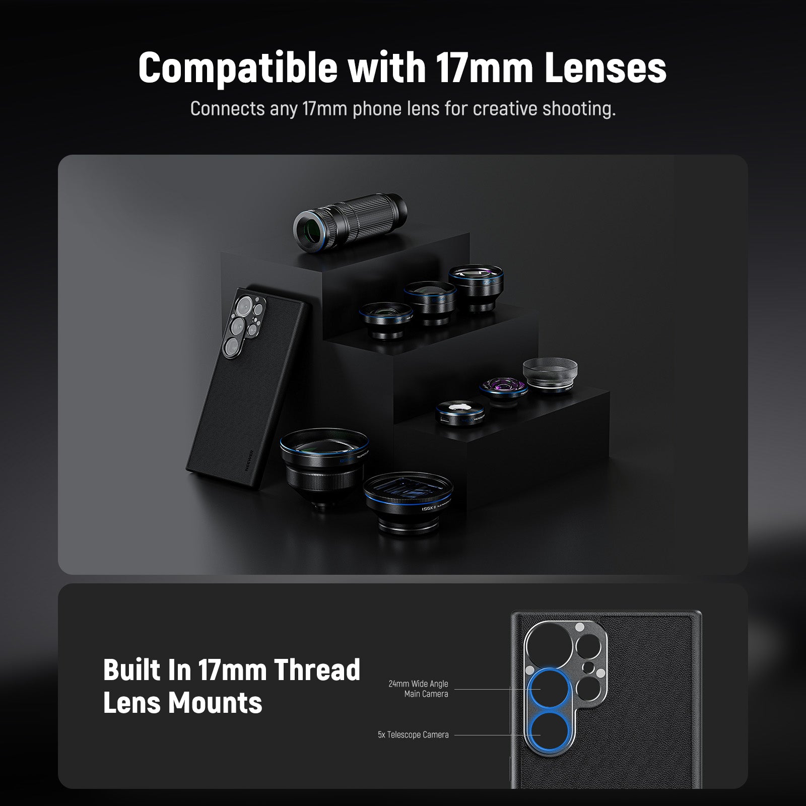Built in 17mm threaded lens mounts on the 200MP Wide Angle and 50MP Telephoto camera lenses