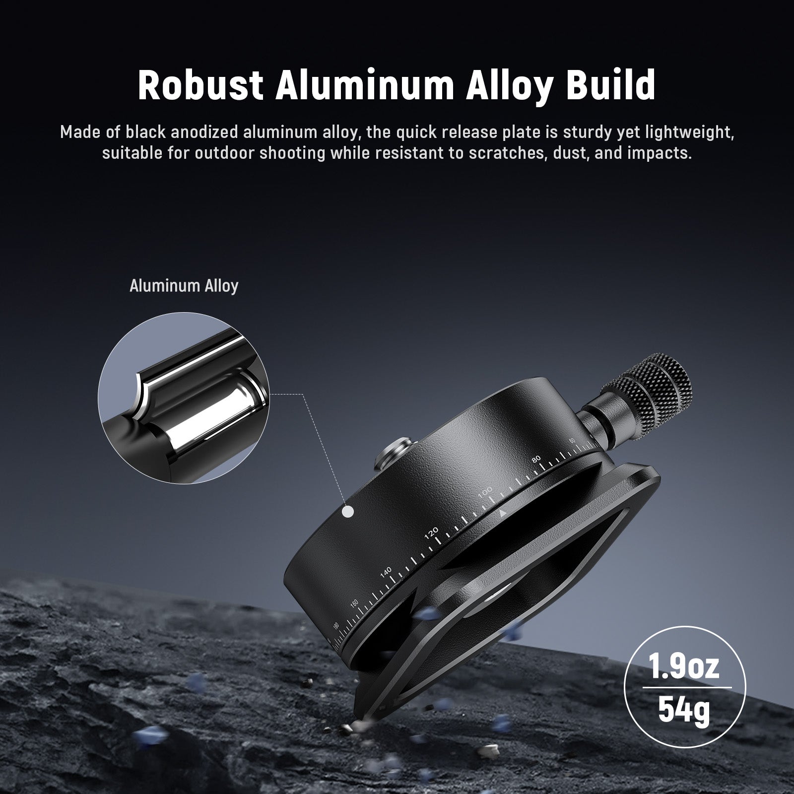 Made of black anodized aluminum alloy, the quick release plate is sturdy yet lightweight