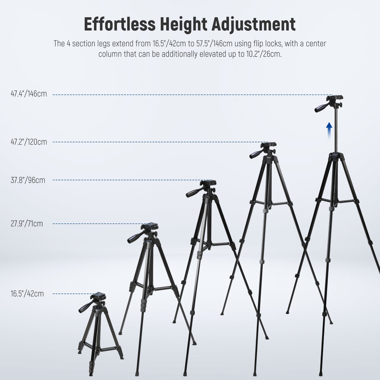 NEEWER TP53 Metal Travel Tripod can extend from 42cm to 146cm.