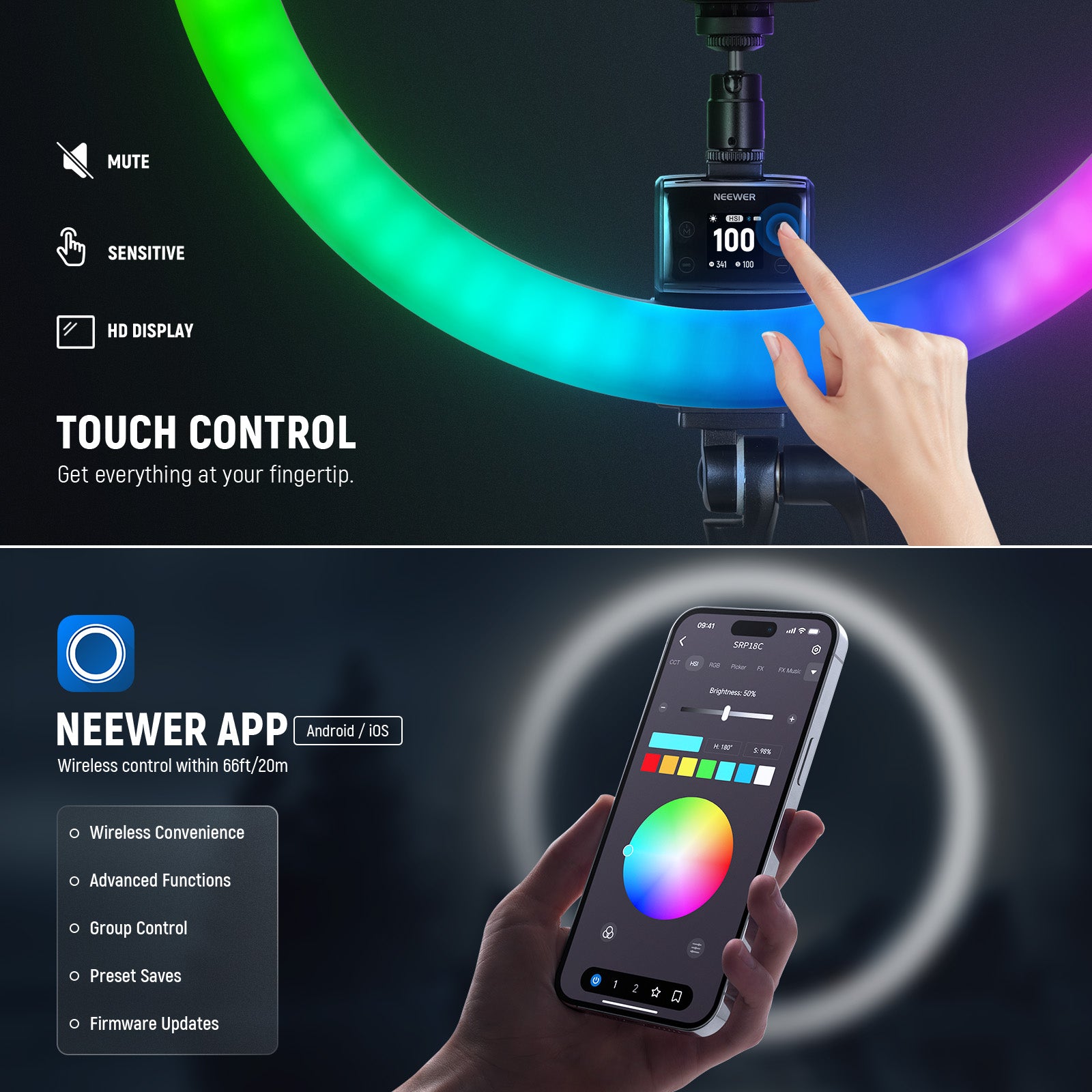 NEEWER SRP18C RGB LED Ring Light Kit can be controlled by the NEEWER APP.