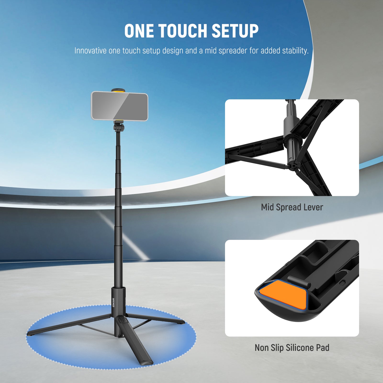 NEEWER PA988 Selfie Stick Tripod features a one-touch setup design.