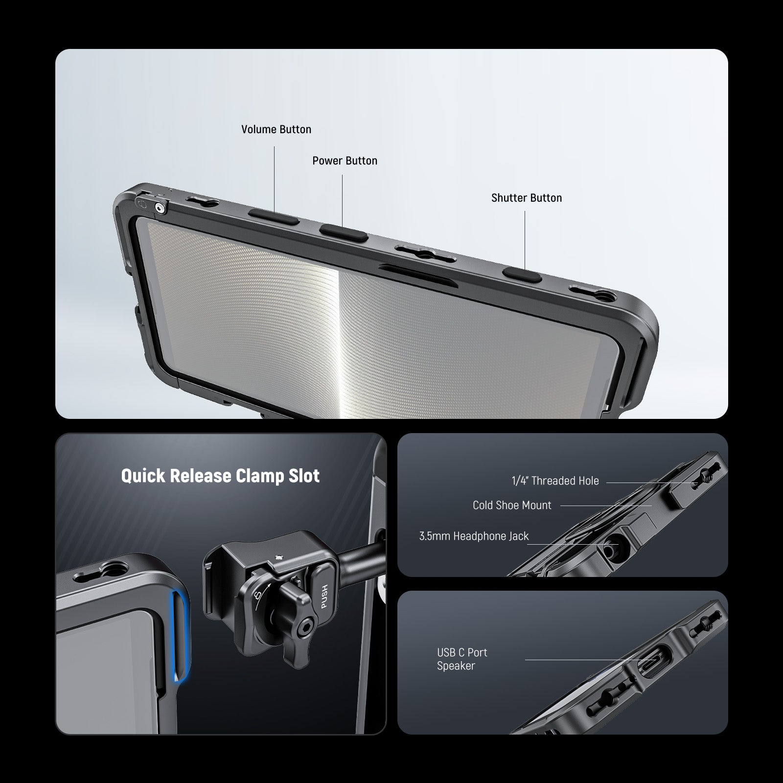 This integrated phone stabilizer cage quickly opens and locks via a side button