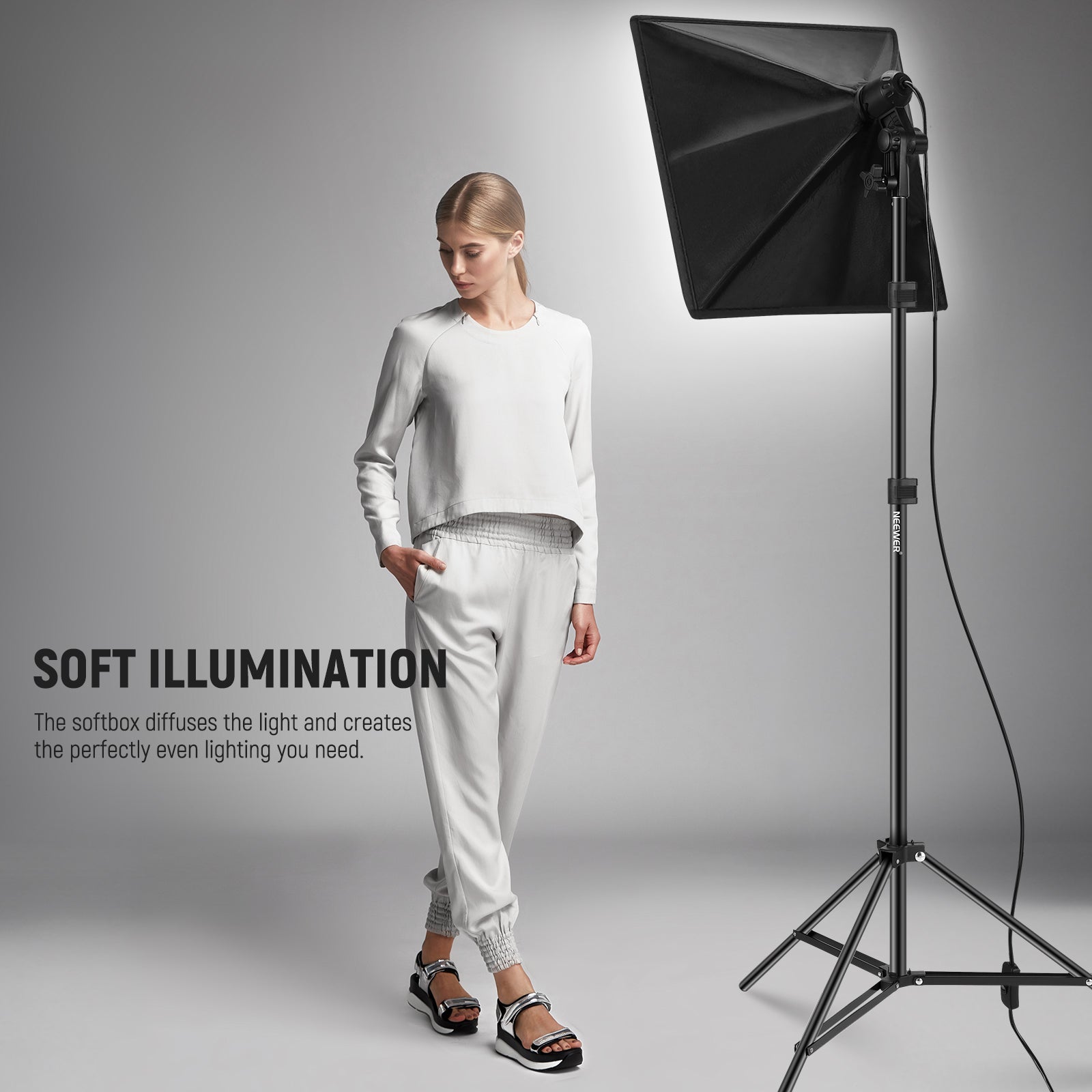 The softbox diffuses the light can creates even lighting.