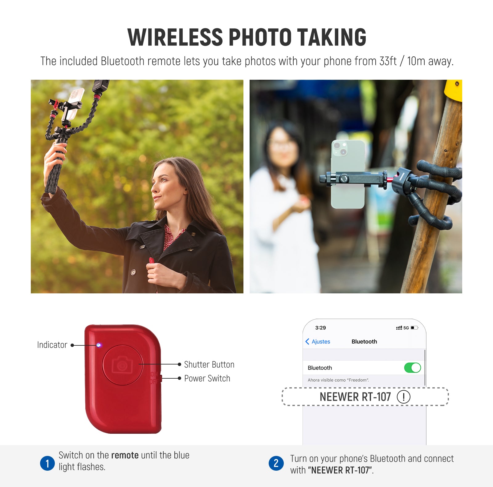 NEEWER T91 Flexible Phone Tripod with Two Magic Arms kit includes a remote shutter.