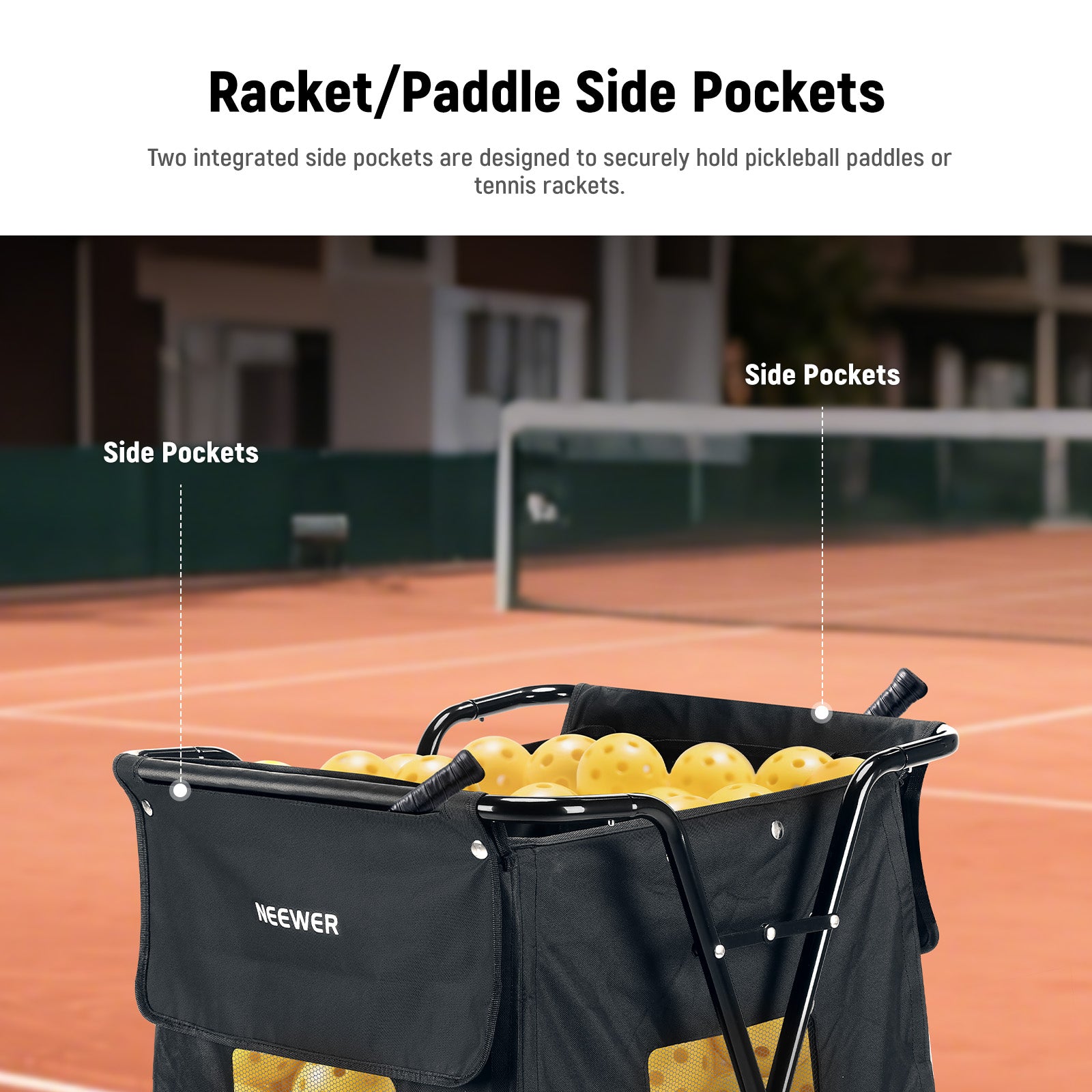 Two integrated side pockets are designed to securely hold pickleball paddles or tennis rackets