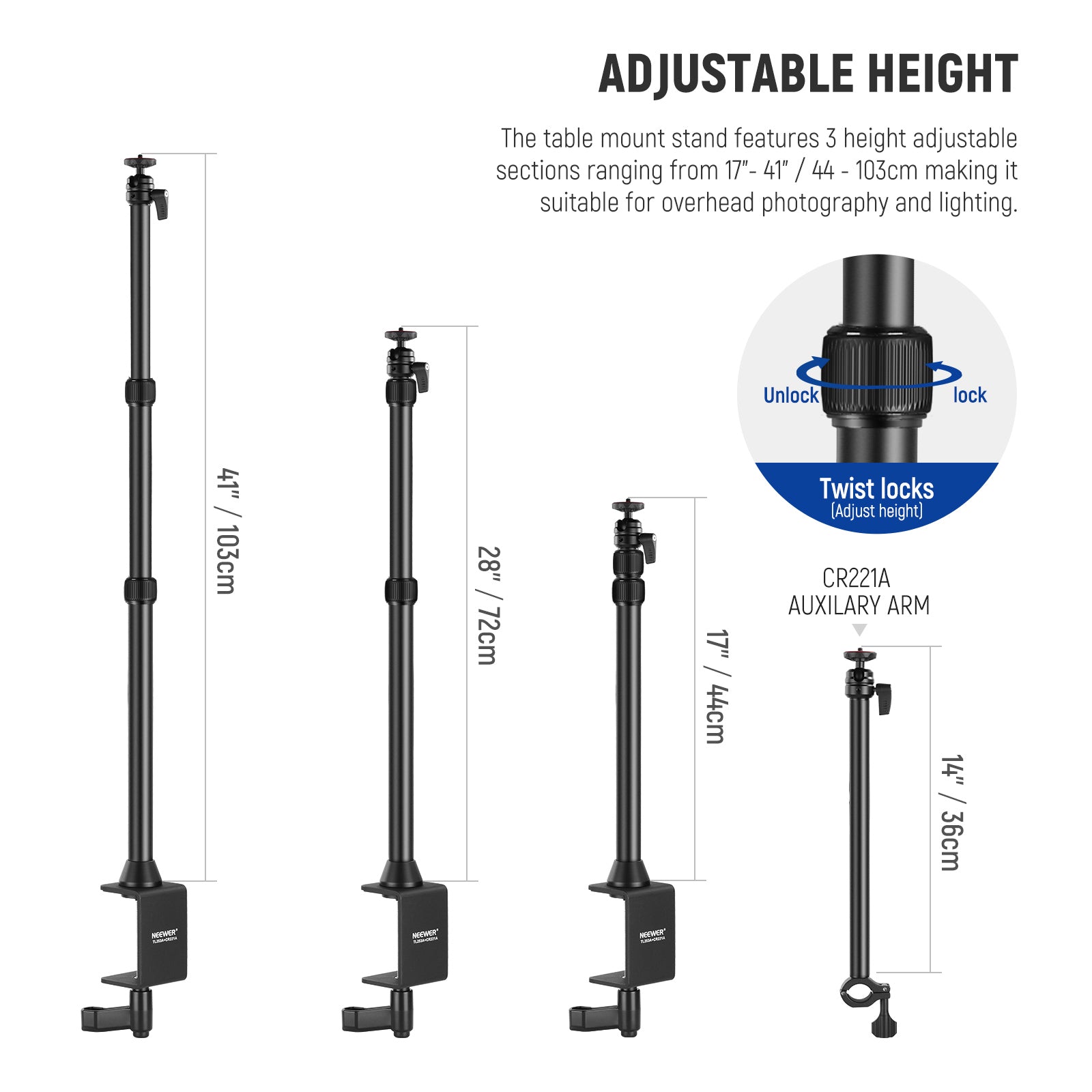 NEEWER TL253A+CR221A Desktop Camera Mount Stand features 3 height adjustable sections.