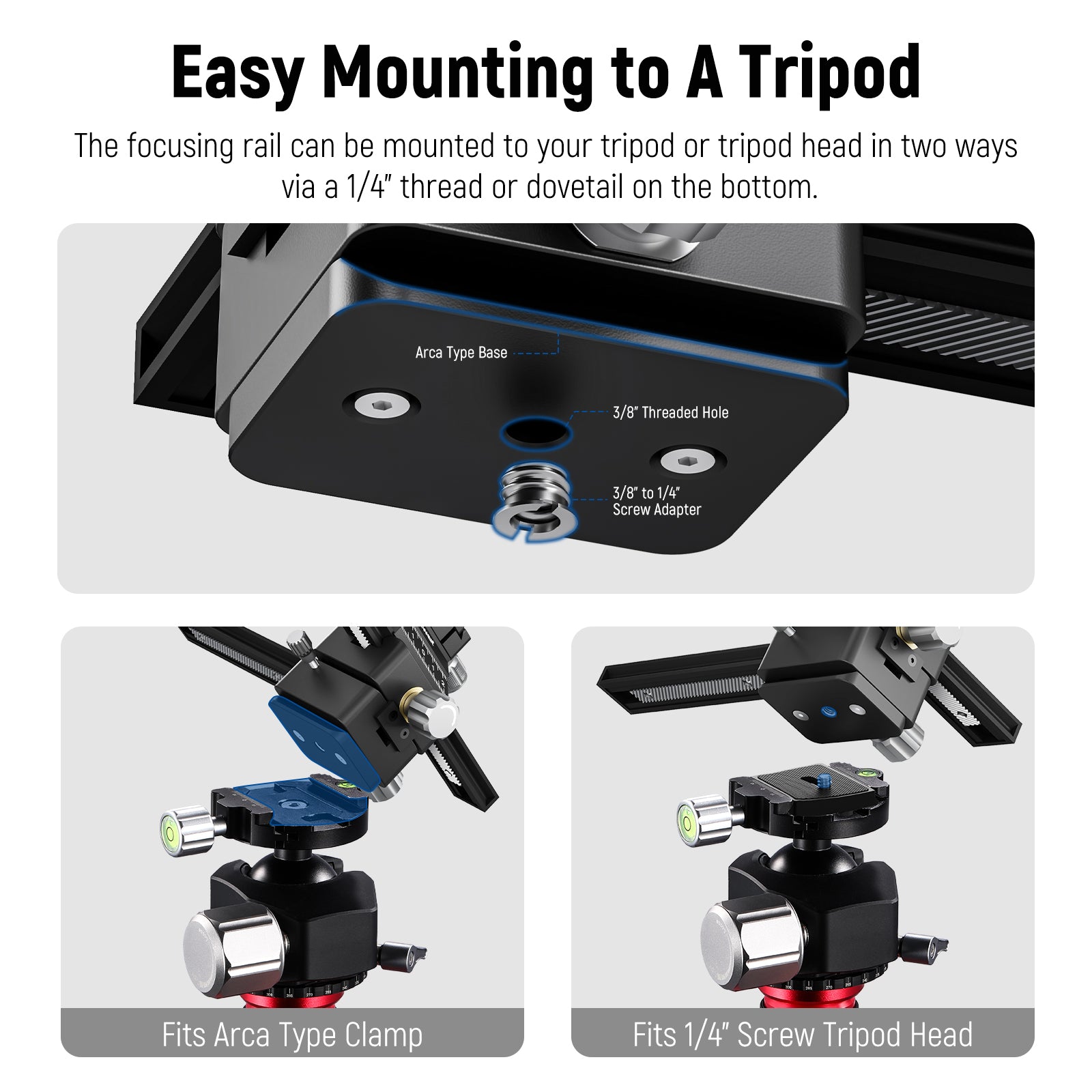 The focusing rail can be mounted to your tripod or tripod head in two ways via a 1/4” screw or dovetail on the bottom.