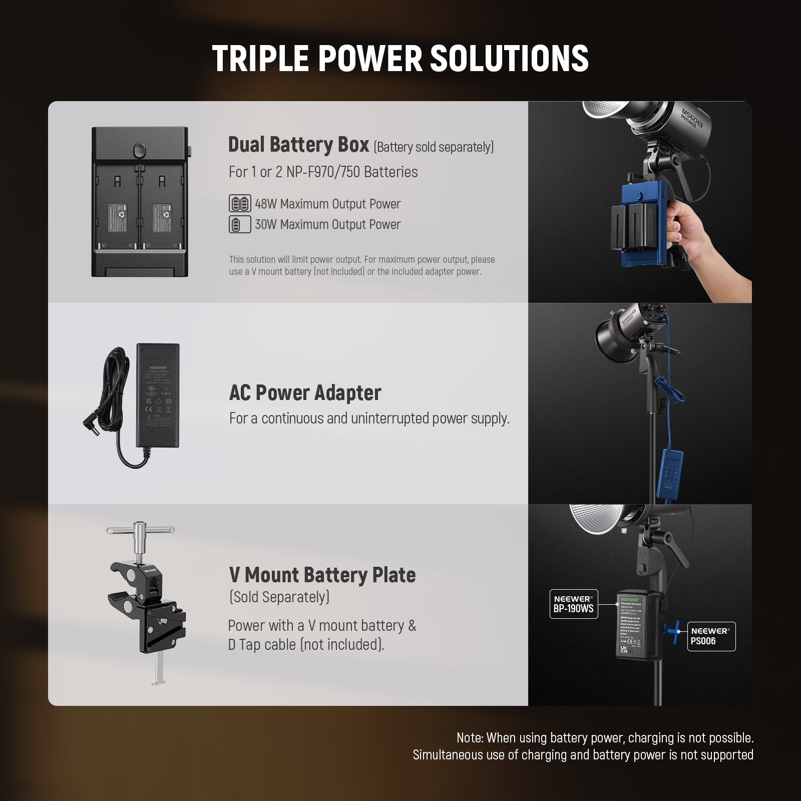 NEEWER MS60B Bi-color LED Video Light supports triple power solutions.